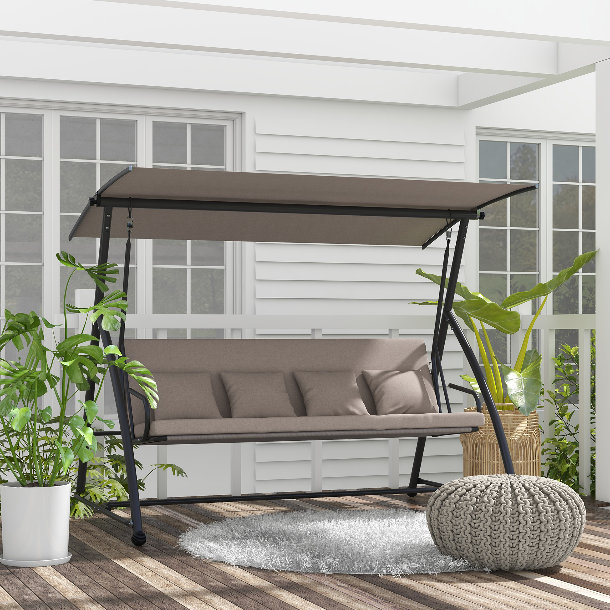Outsunny 2 in 1 Hollywoodschaukel mit Liegefunktion, 3-Sitzer Gartenschaukel aus Stahl Schaukelbank 170x110x153cm, Hellbraun