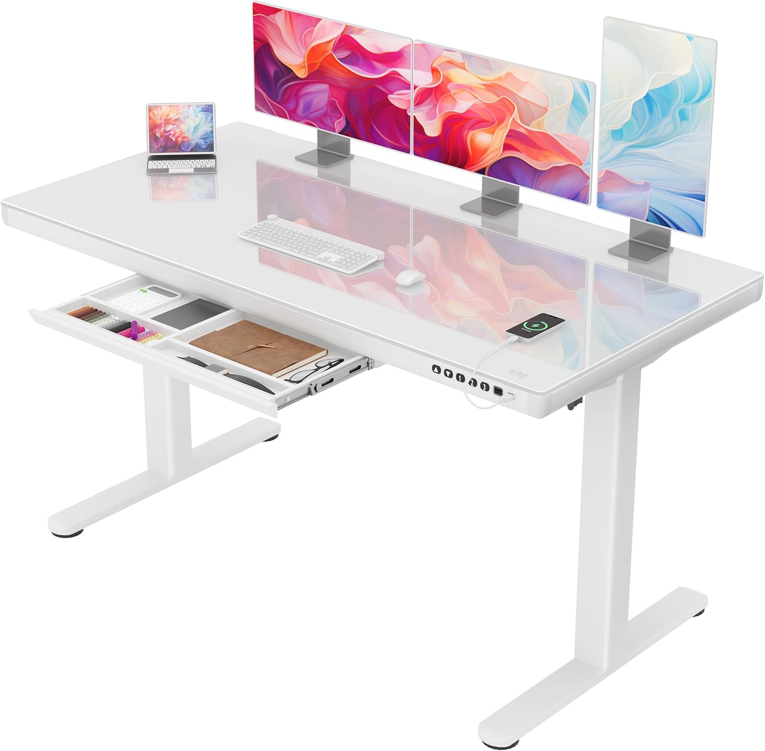 Homall Scrivania regolabile in altezza, 140 x 60 cm, scrivania con cassetti, scrivania elettrica con ricarica USB e tipo C, scrivania in piedi ergonomica (bianco)