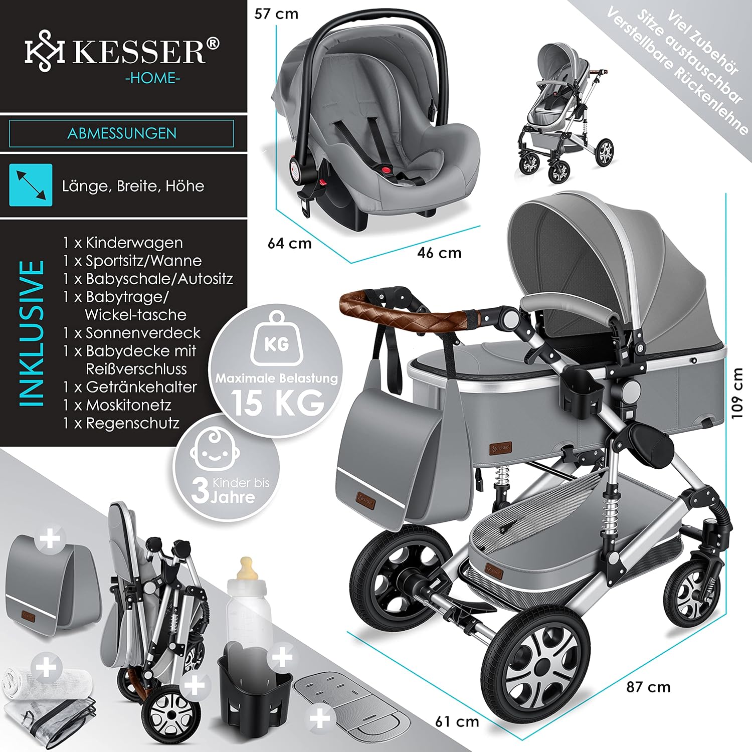 KESSER® Loops 3 in 1 Kinderwagen Kombikinderwagen Komplett-Set inkl. Babywanne & Buggy Sportsitz & Auto-Babyschale Voll-Gummireifen Wickeltasche Regenschutz Kindertisch ECE R129, Schwarz/Schwarz