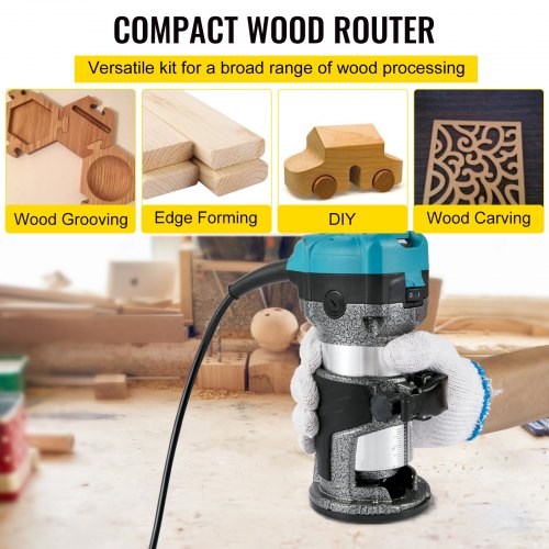 VEVOR Electrik Hand Holz Oberfräse 800 W, Einhand Oberfräse 30000 U/min, Holz Kantenfräse, 3 Spannzangen, Soft-Start, Aluminiumlegierung, Drehzahlregelung, Elektrische Oberfräse Holzbearbeitung