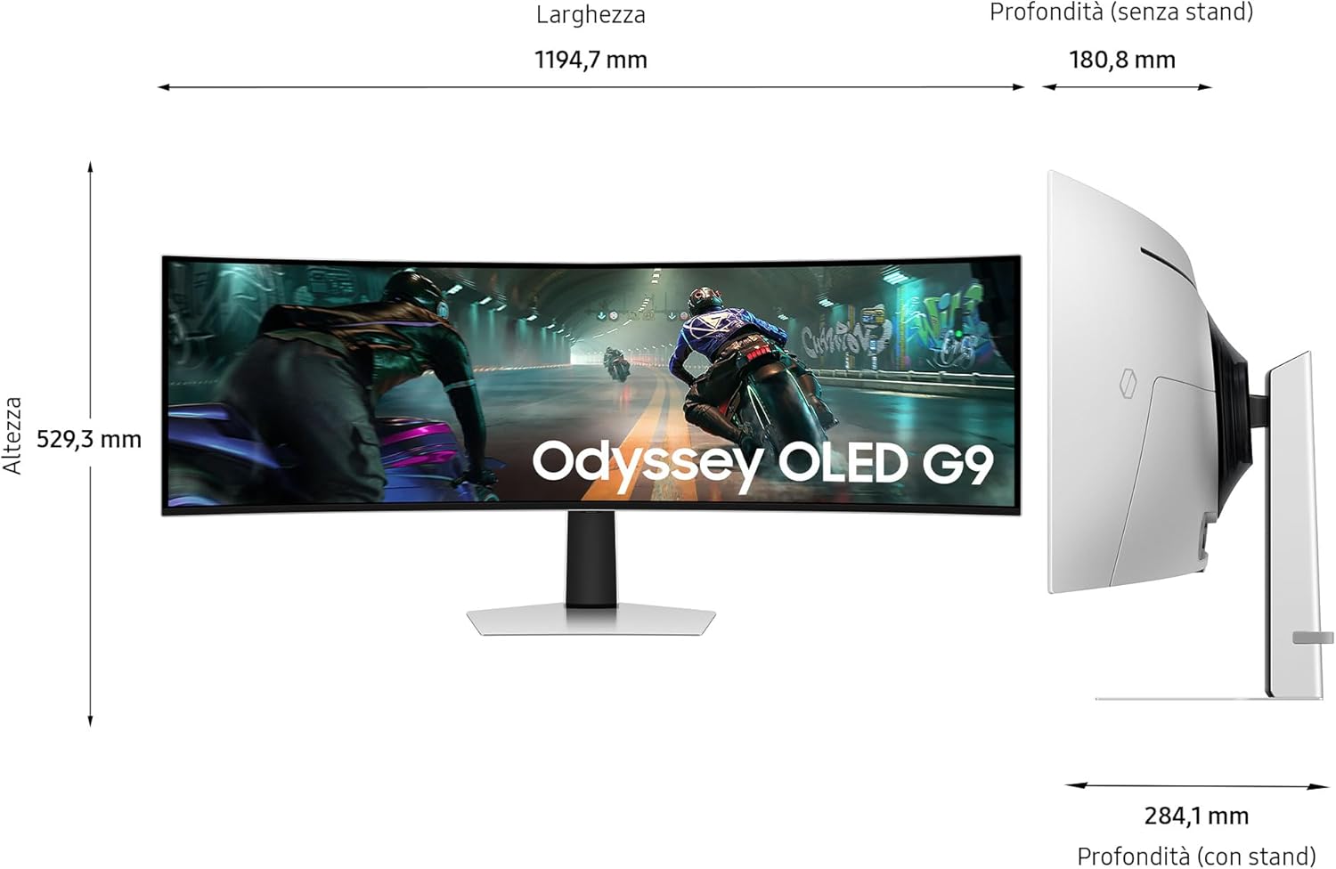 Monitor Gaming Odyssey OLED G9 (S49DG912), Curvo (1800R), 49'', 5120x1440 (DQHD), 32:9, HDR10+, QD-OLED, 144Hz, 0,03ms (GtG), Compatibiltà G-Sync, HDMI 2.1, Micro HDMI, DP, Ingresso Audio