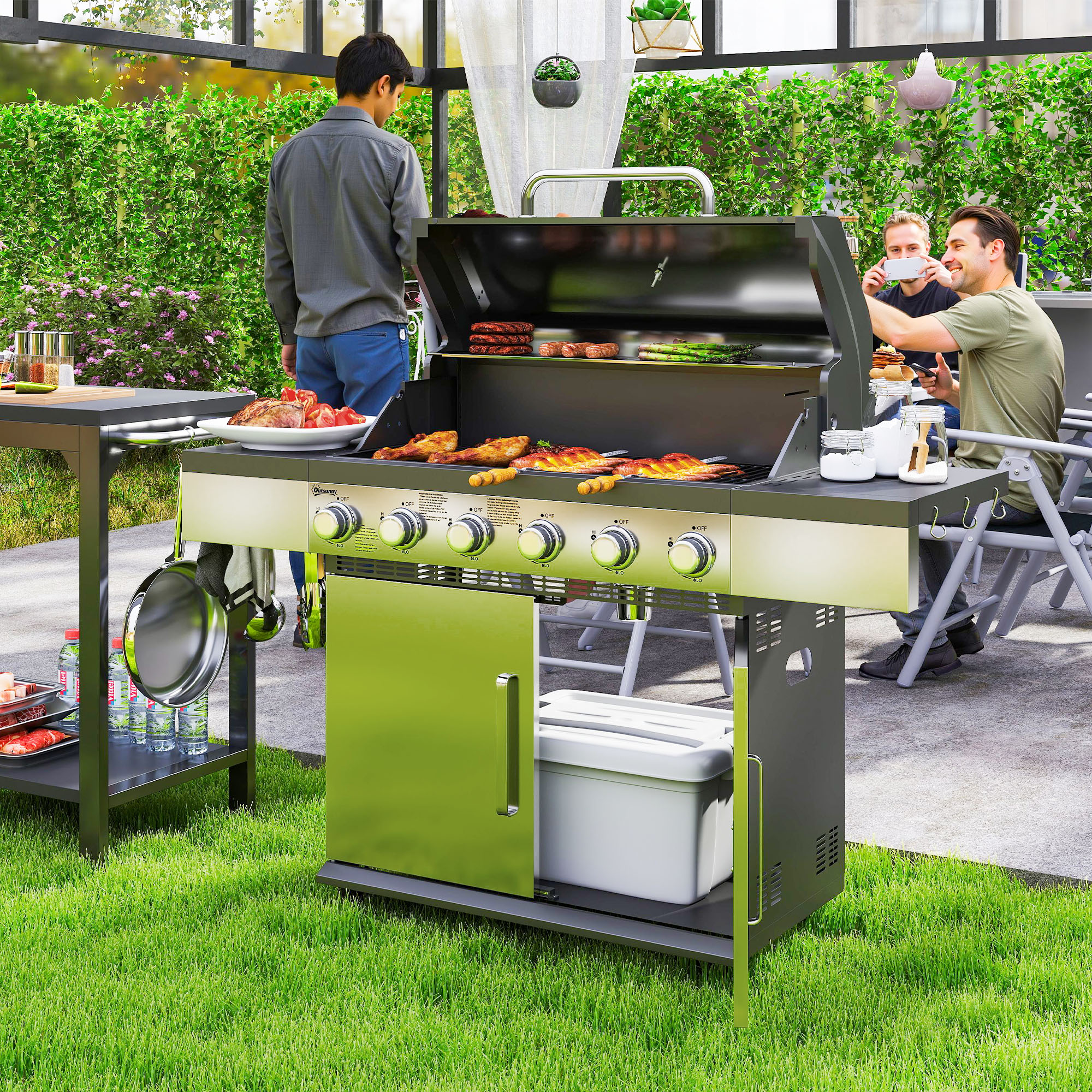Outsunny Gasgrill 8500BTU Grillwagen inkl 6 Edelstahl-Brenner Thermometer Druckminderer 141 x 55 x 110 cm Silber