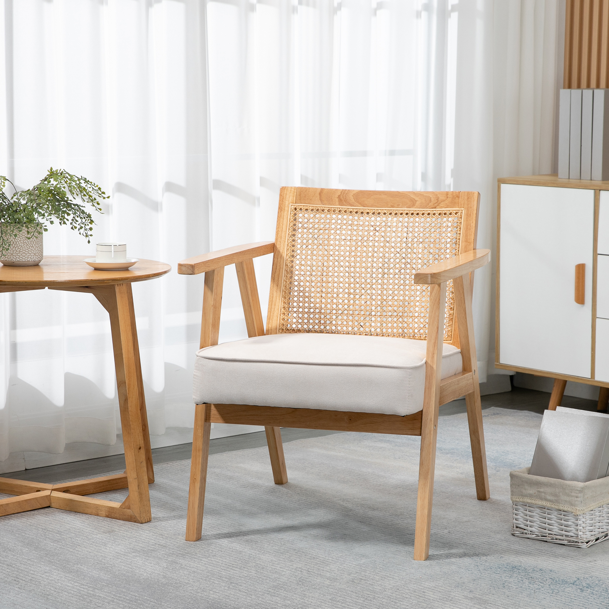 HOMCOM Exotischer Polsterstuhl, Kautschukholz, Sitzkissen in Leinenoptik, 63L x 69B x 78H cm, Cremeweiß