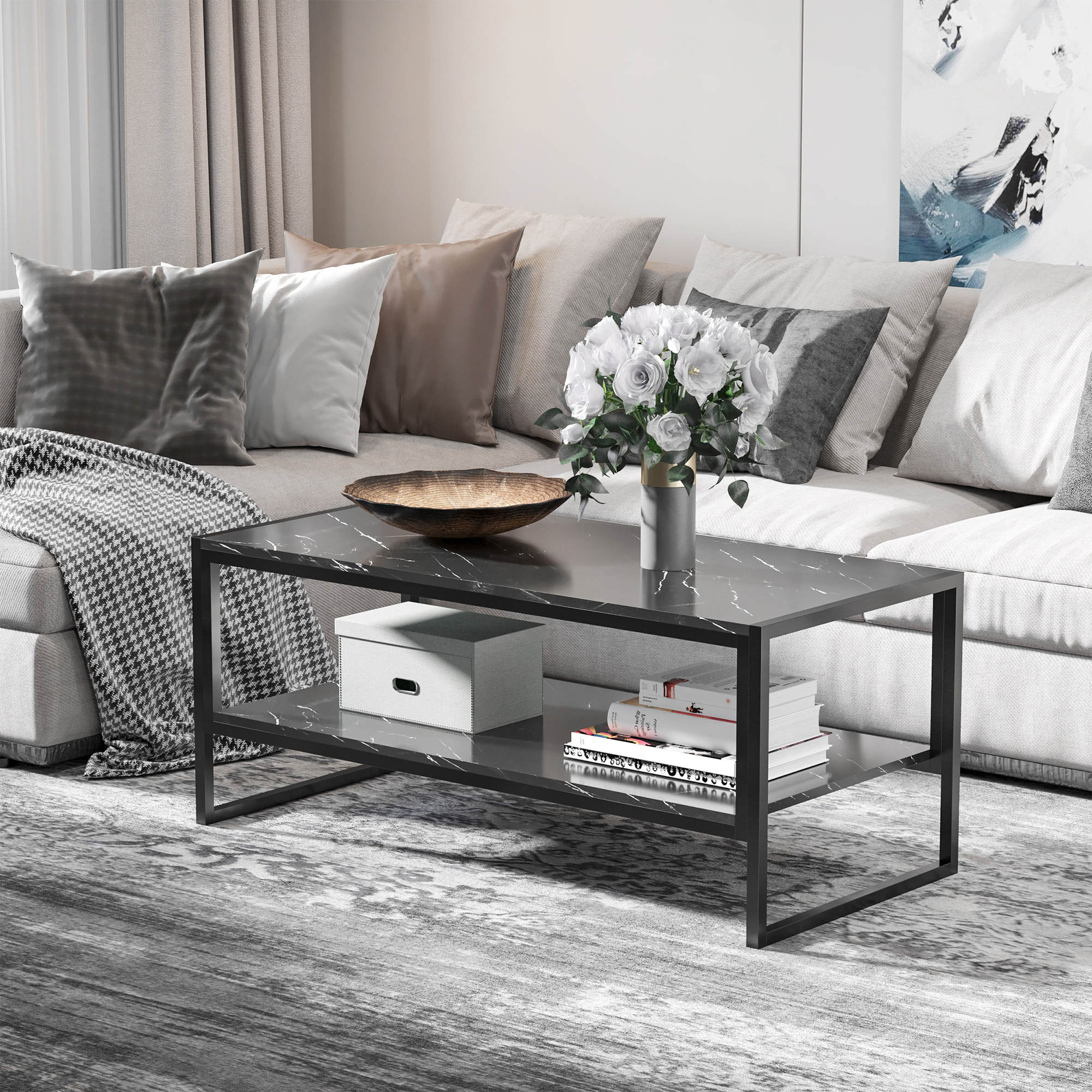 HOMCOM Moderne Couchtisch mit 2 Regale 106 x 50 x 47 cm Schwarz