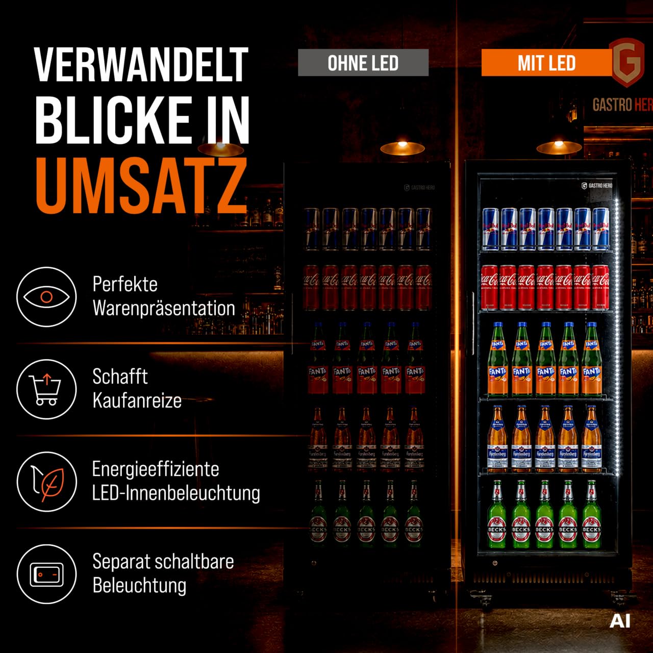 Getränkekühlschrank 230 L, schwarz, mit Glastür abschließbar und 4 verstellbaren Rosten, 0-8 °C Umluftkühlung