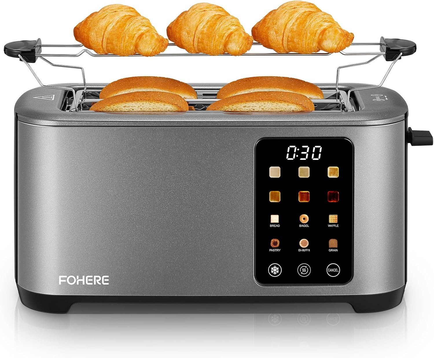 Toaster Langschlitz 4 Scheiben, Brötchenaufsatz, LED-Display, Touchscreen