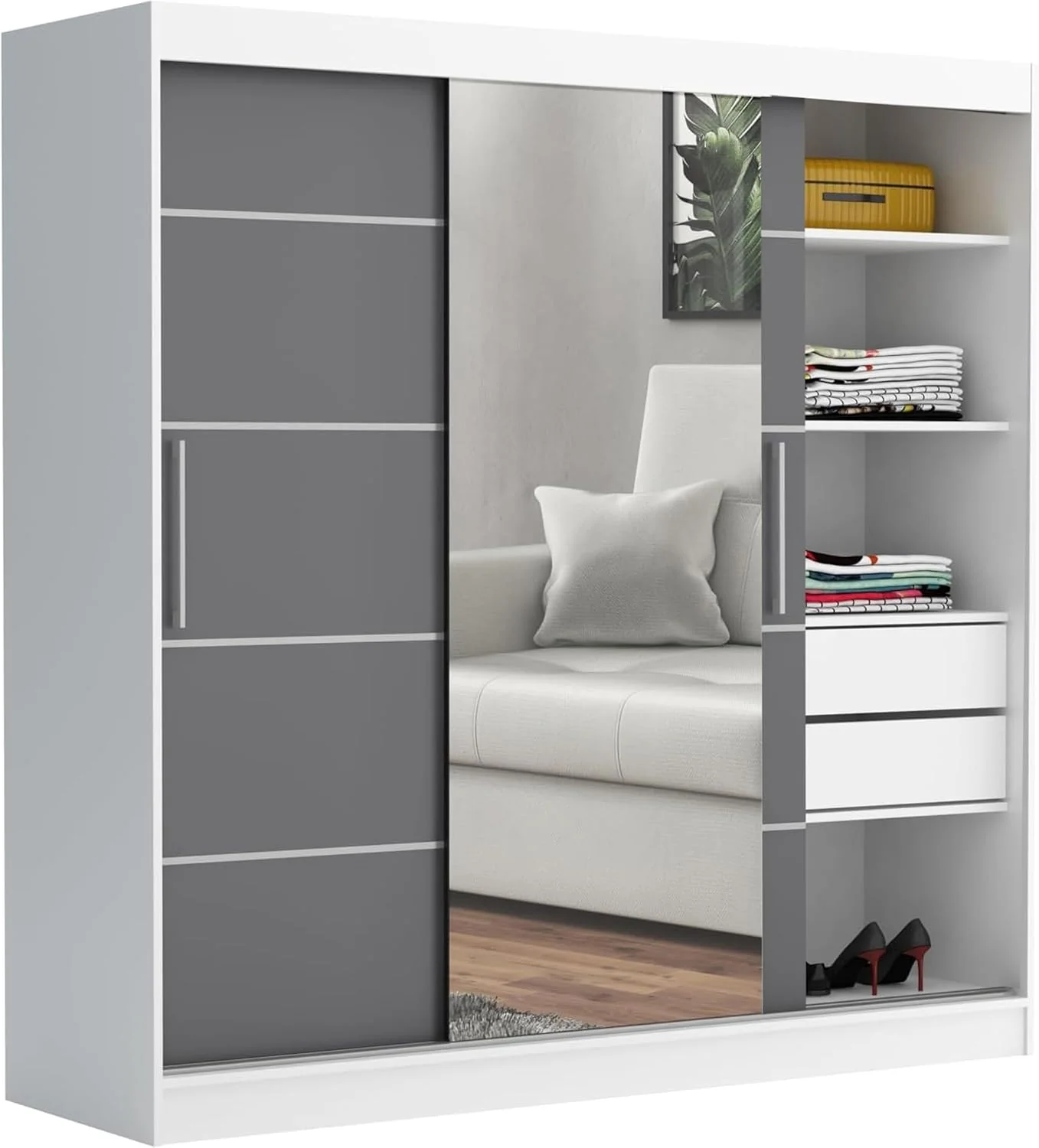 Brent, Kleiderschrank mit Spiegel und Schubladen 200cm Breit Chelsea Tomy, Schwebetürenschrank, Schlafzimmerschrank, Weiß/Anthrazit