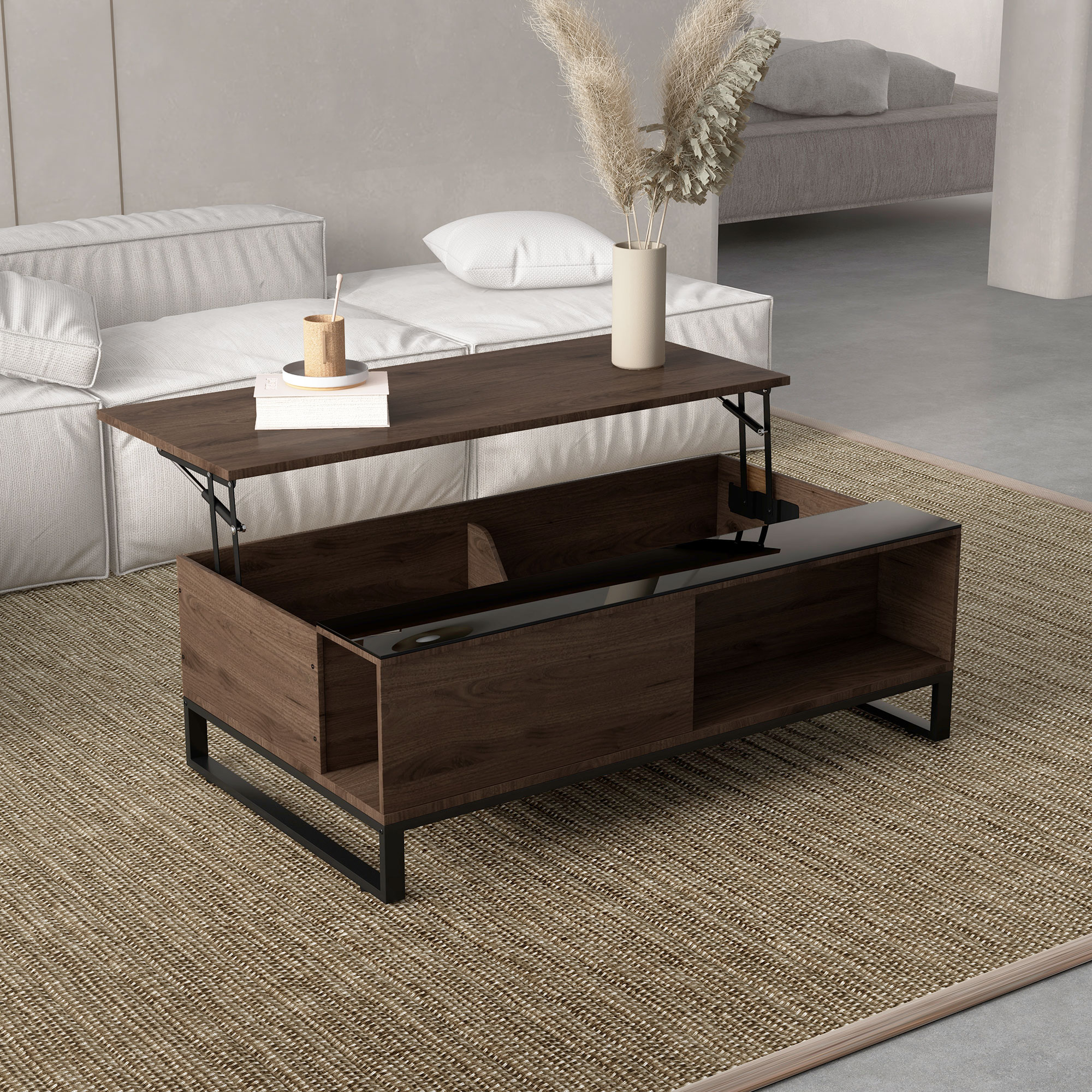 HOMCOM Beistelltisch mit Hebefunktion, verstecktes Staufach, Walsnussholzoptik, Stahlrahmen, 102 x 58 x 35,5 cm