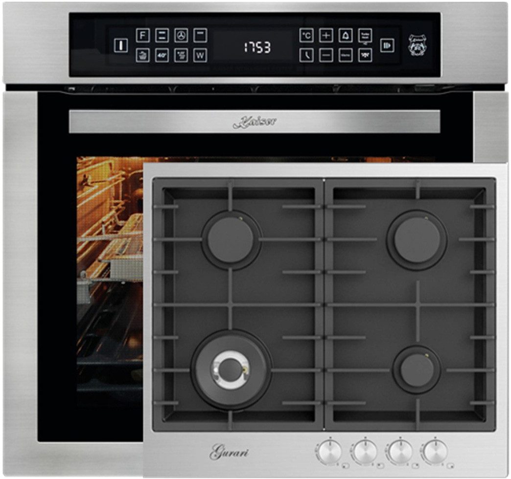 Backofen-Set Herd Set Autark Einbaubackofen,Edelstahl,79L 15 Fkt., 60 cm+Gas-Kochfeld 60 cm, Edelstahl - Schwarz 4,0 KW WOK, 4 Gasbrenner EH 6306 R+TX604VTGL