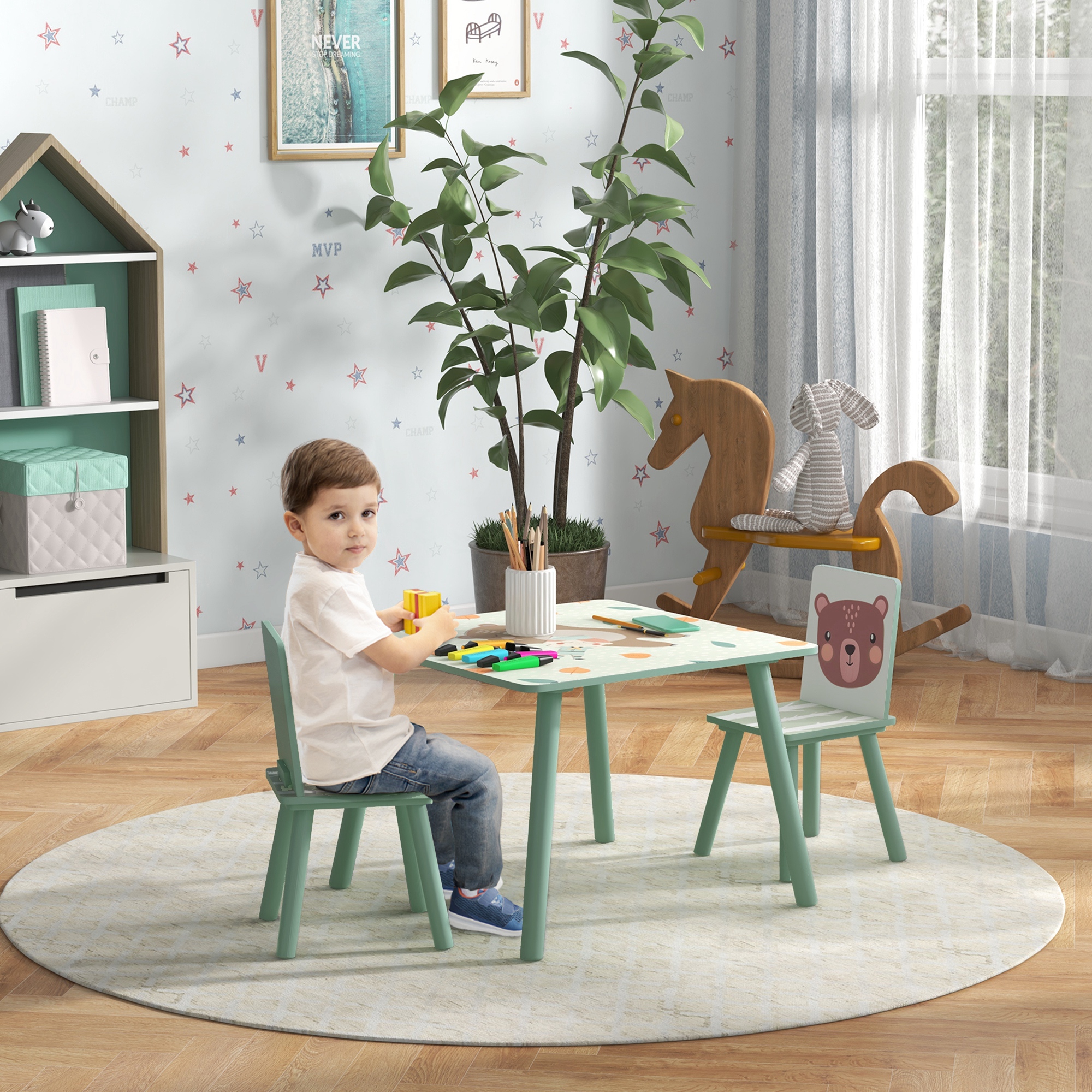 ZONEKIZ Kindertisch und 2 Stühle für Kinder 3-8 Jahre Set 3-teilig Tiermotiv für Schlafzimmer Spielzimmer grün