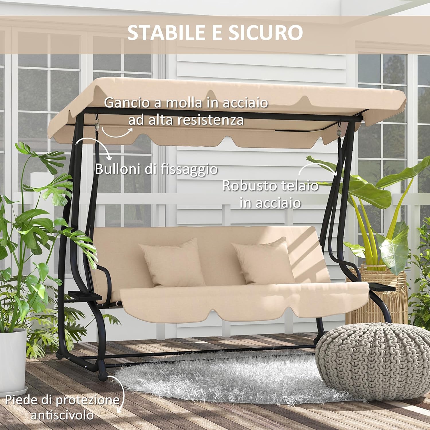 3 Seater Garden Swing Bed with Adjustable Roof and Tray 200 x 120 x 164 cm Light Brown