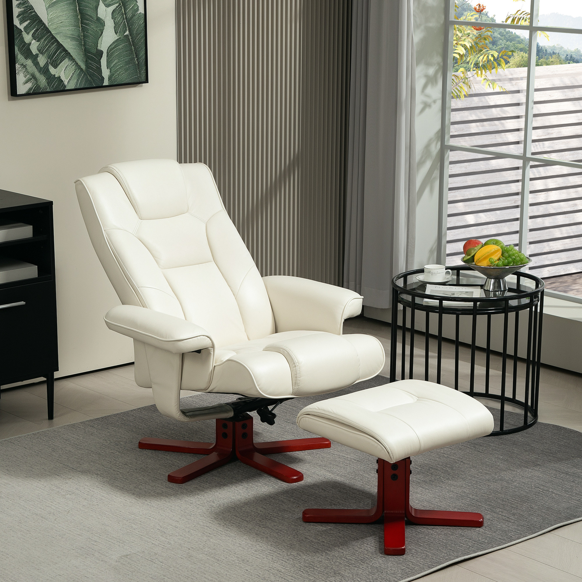 HOMCOM Relaxsessel mit Hocker, Lederoptik, neigbare Lehne, bis 150 kg, Cremeweiß