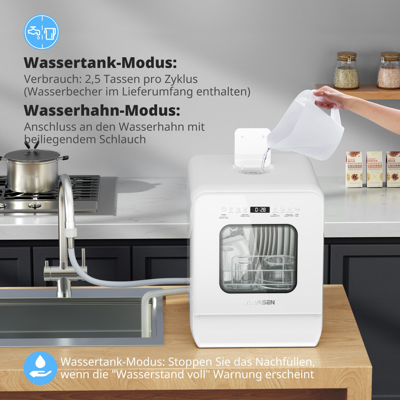 Tischgeschirrspüler ZMW-DUHC01 Mini Geschirrspüler mit wassertank,9 Programme,37 * 50cm Ultra-Schmal & Tief, 1-24H Timer