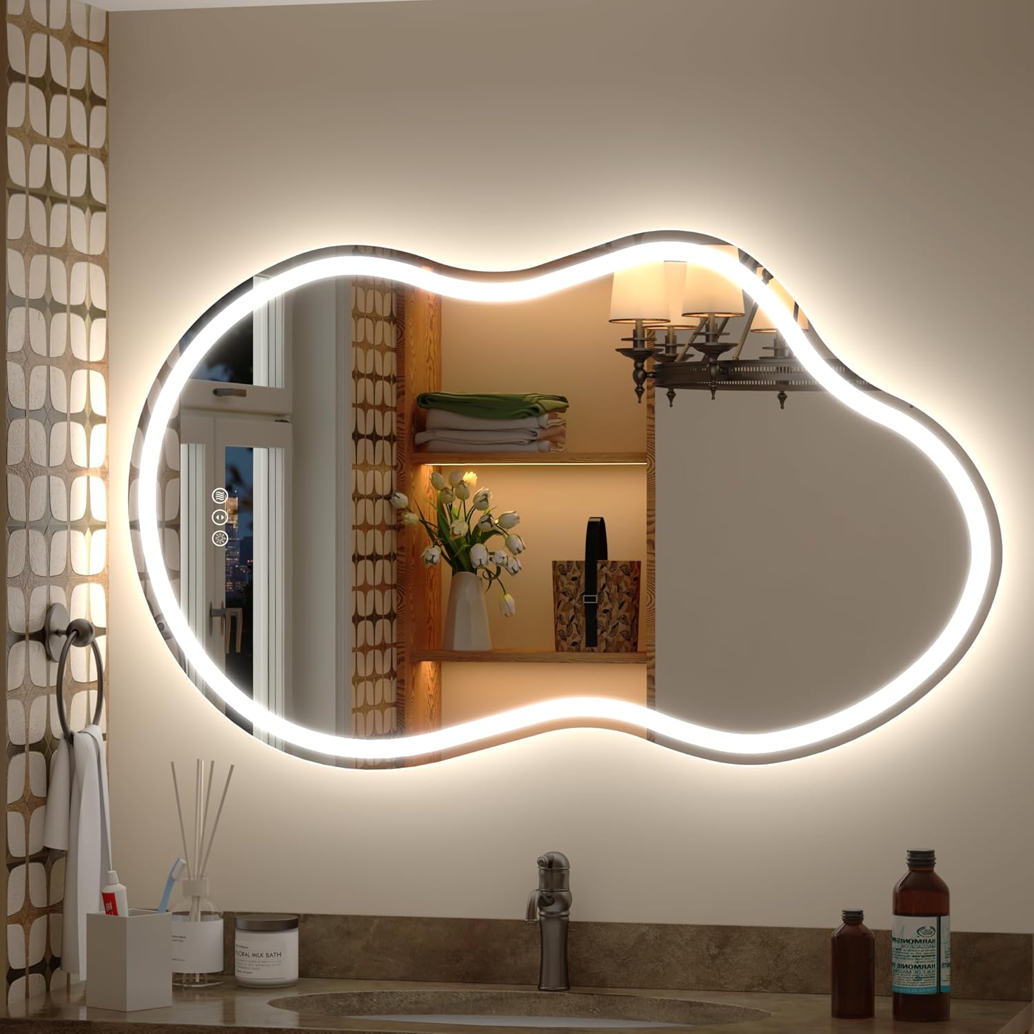 40x24 Inch Irregular Cloud LED Bathroom Mirror, Asymmetrical Backlit Bathroom Vanity Mirror, Anti-Fog, Dimmable, 3 Colors, Memory (Horizontal/Vertical)