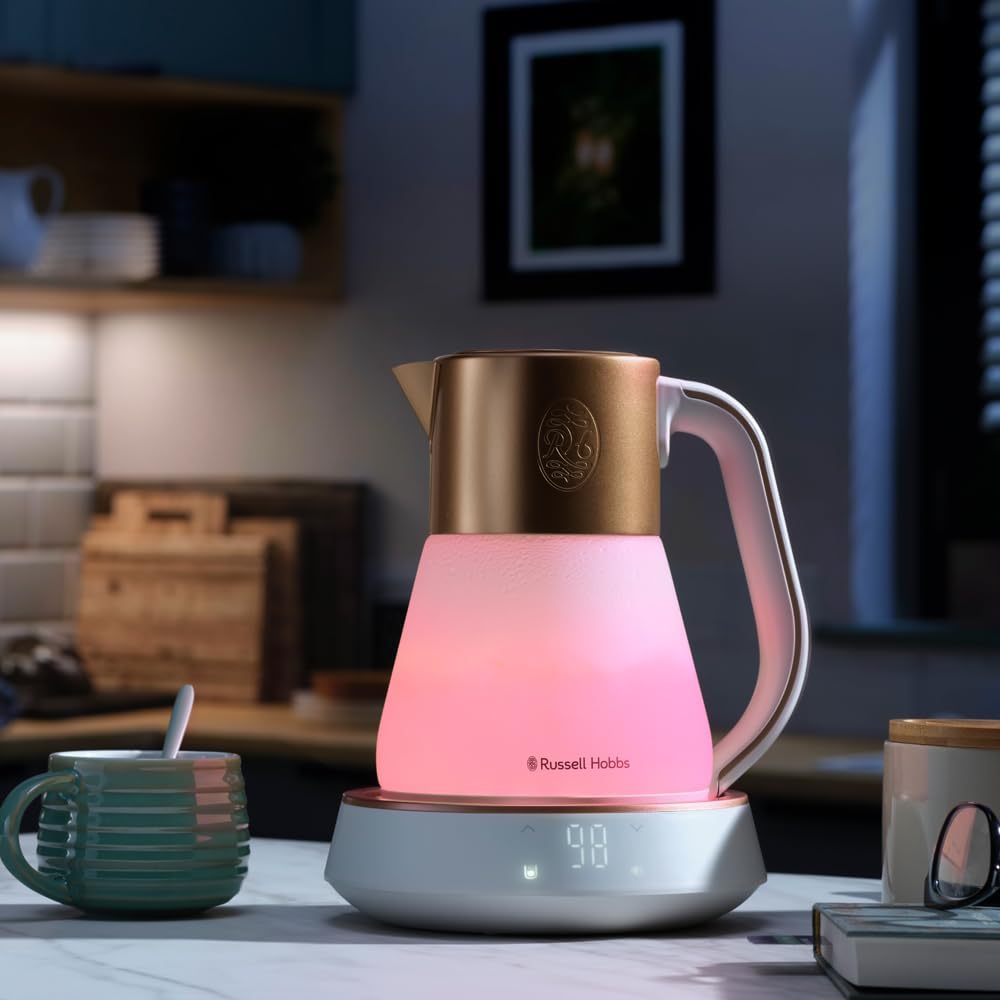 Russell Hobbs Wasserkocher Glas [1,7L, Temperatureinstellung 40-100°] Calm (LED-Beleuchtung, beruhigende Klänge, Leise-Koch-Technologie,Warmhaltefunktion,Digitaldisplay,Touch-Bedienung,2400W) 27450-70