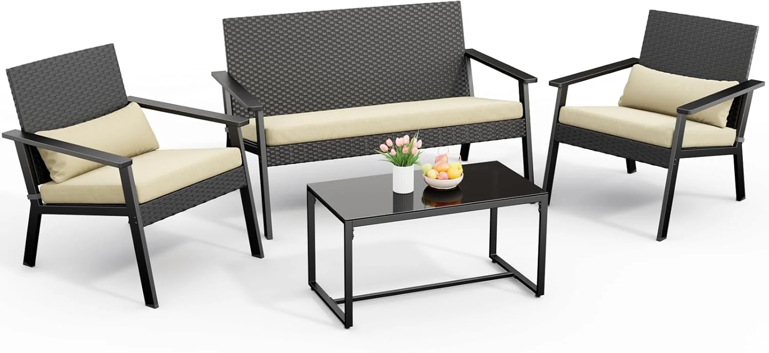 Ahomly 4-Piece Outdoor Wicker Patio Furniture Set with Deep Seating Cushions and Table for Balcony, Backyard, and Porch (Gray)