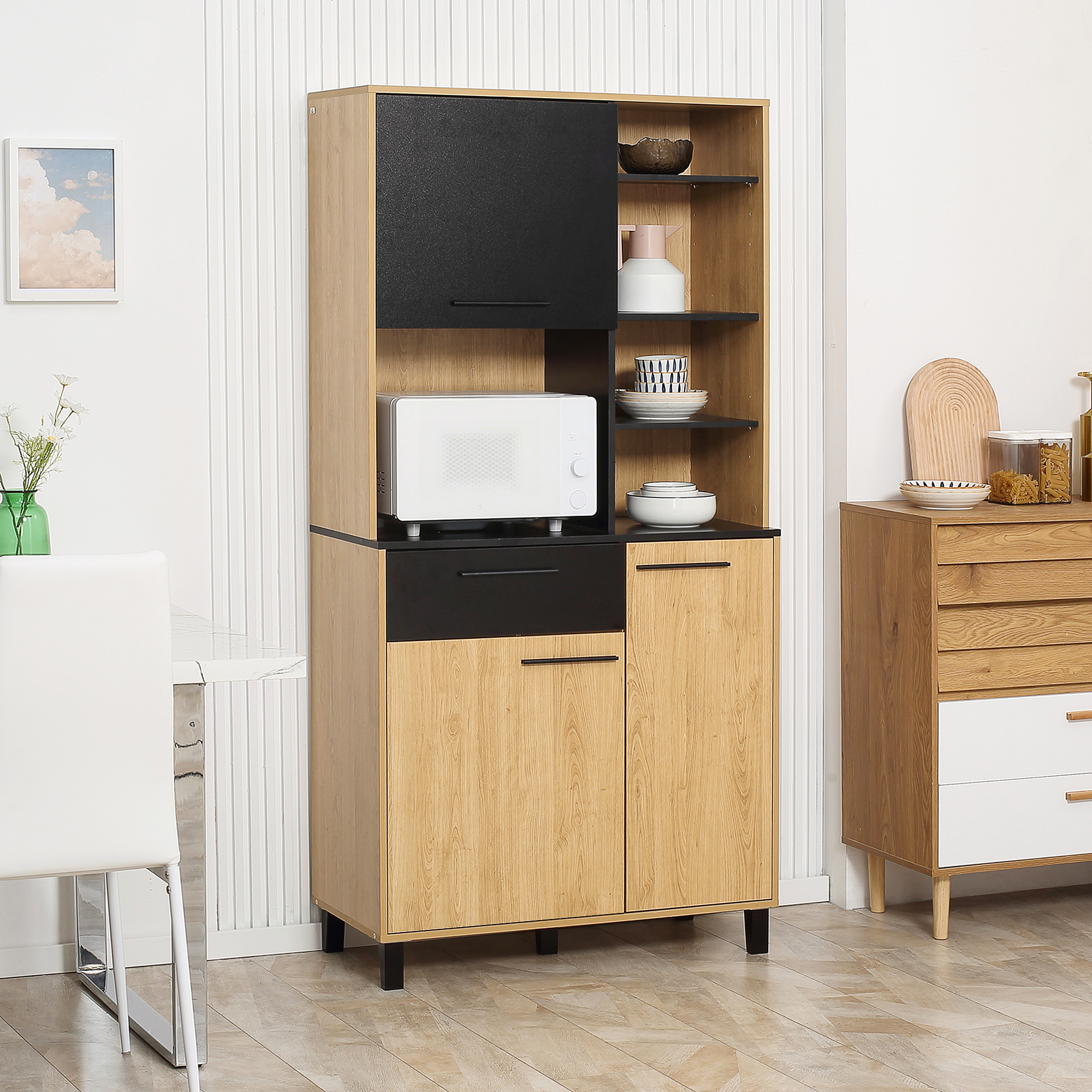 HOMCOM Küchenbuffet mit Schublade 3 Schränke 4 Nischen und Kabeldurchlass, Höhe 180 cm Schwarz und Naturholz