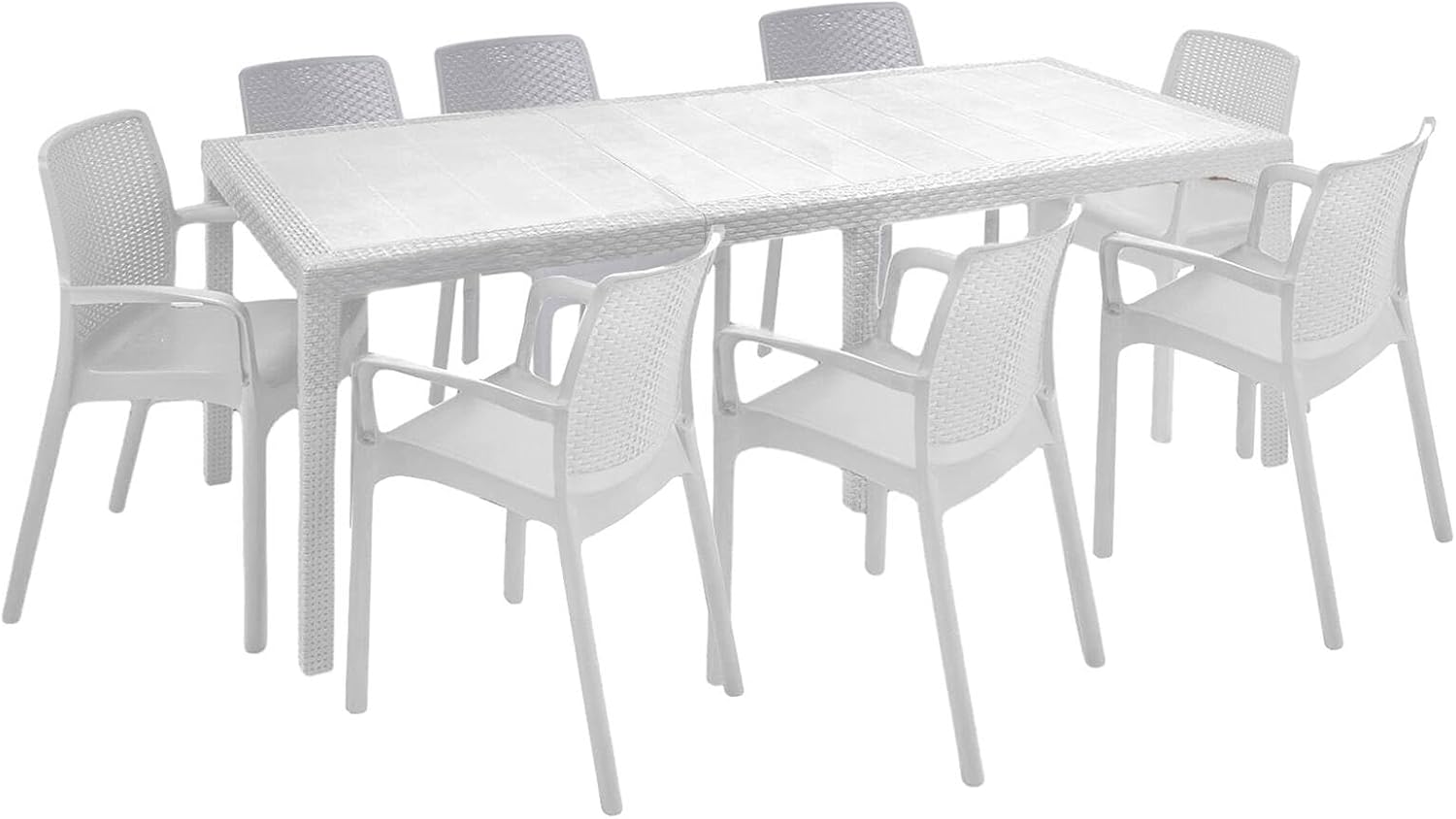 Dmora - Manarola Outdoor Living Room Set, Outdoor Sitting Room, Extendable Rectangular Table with 8 Chairs with Armrests, Made in Italy, White