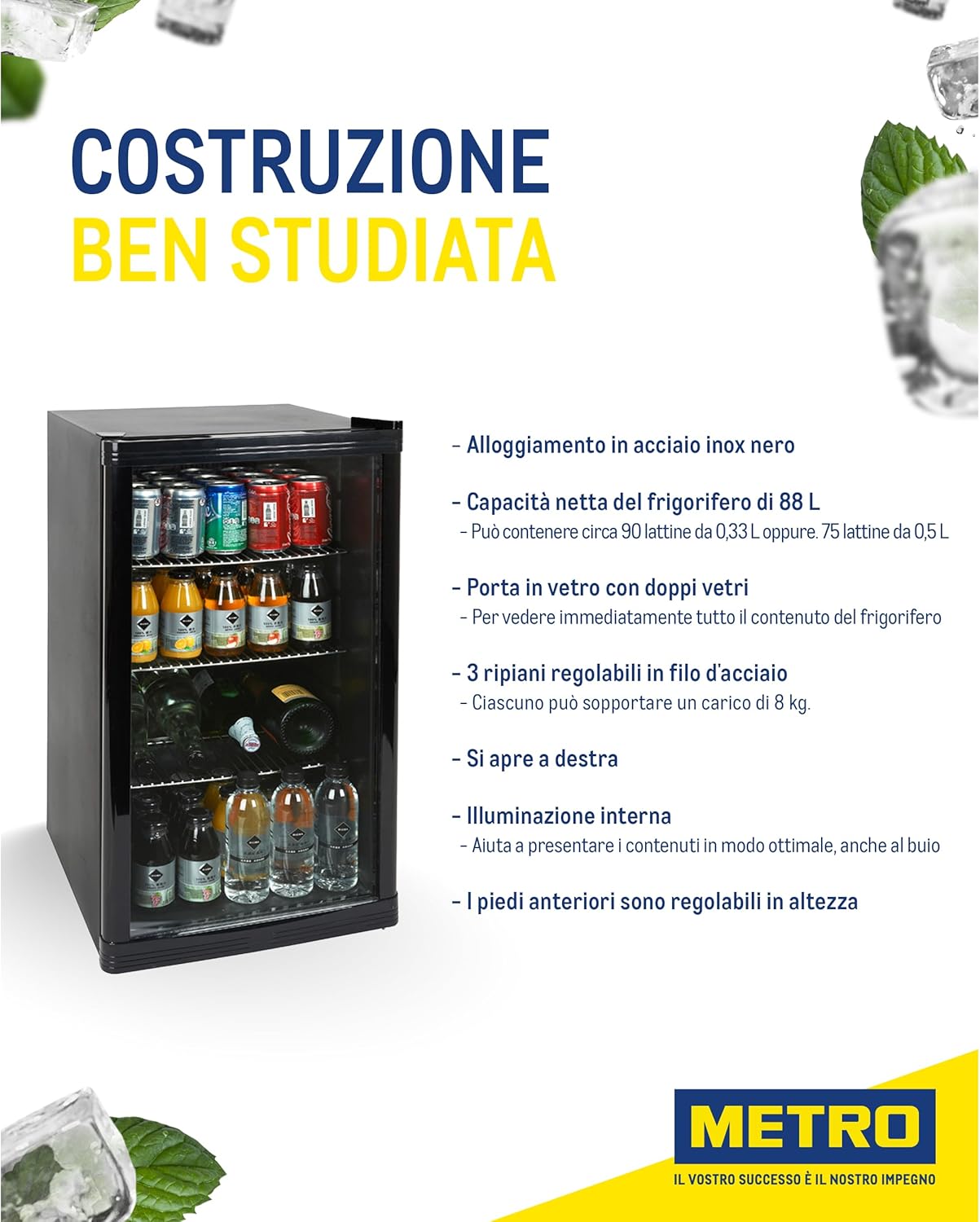 METRO Professional Mini Frigo per Bevande GPC1088 Con Porta in Vetro, 220-240V, 3 Ripiani Regolabili, Frigo Bar Silenzioso con Illuminazione LED, Frigo Da Ufficio, Bar, Gastronomia (Nero, 88 L)