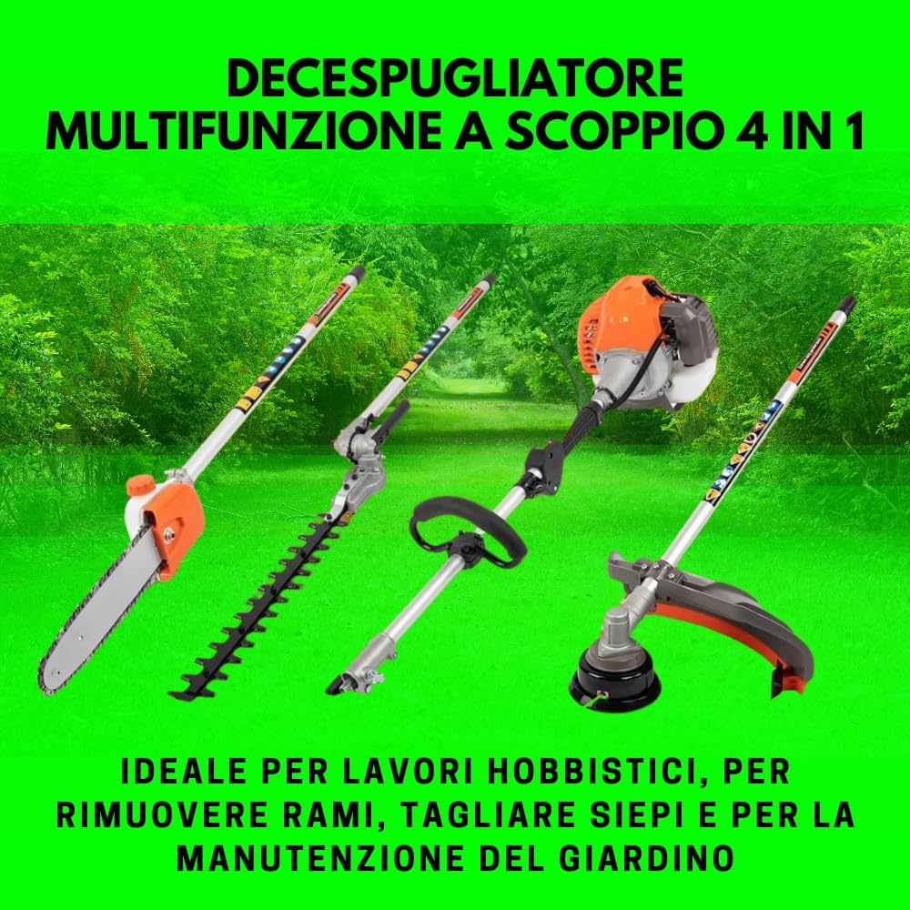 Decespugliatore a Scoppio Multifunzione 4 in 1 con Tagliaerba, Motosega Tagliasiepi, Potatore Tagliabordi con Motore da 52cc 2 Tempi, Ideale per Giardinaggio e Potatura GO LOGISTIC SRL