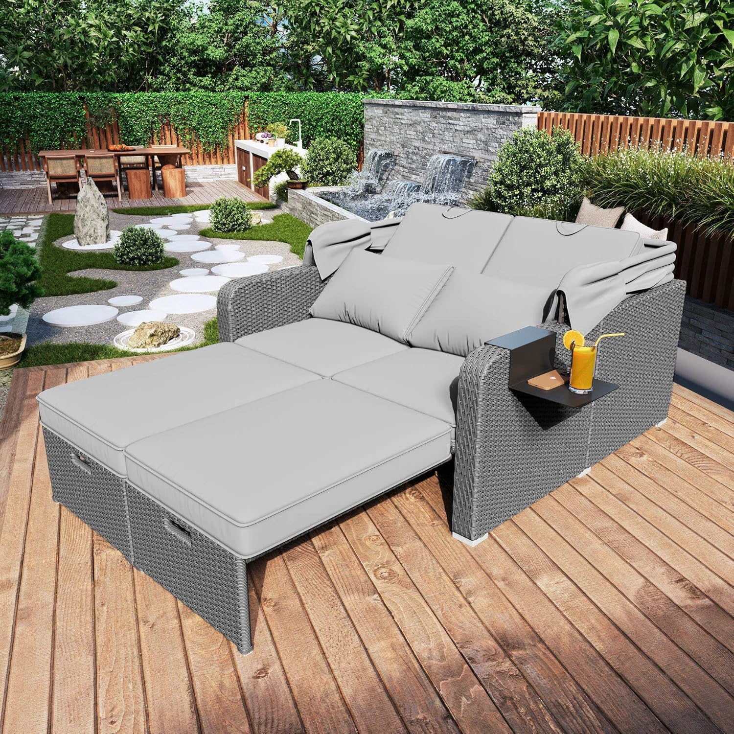 Polyrattan Gartenmöbel für 2 Personen, Gartensofa, Loungesofa, Abnehmbare Markise, Polyrattan und Schwamm, Gray