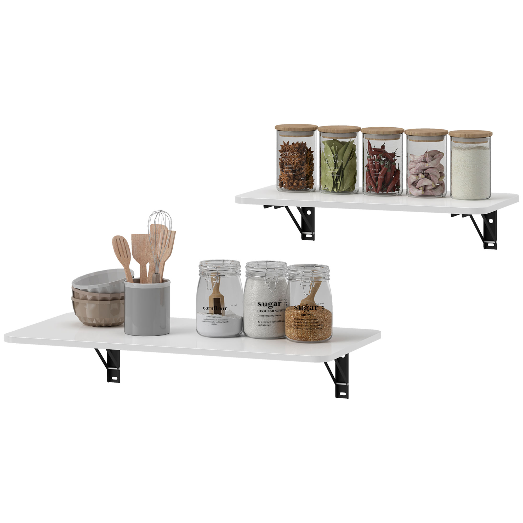 HOMCOM Satz von 2 klappbaren Wandtischen, klappbarer Wandtisch aus Holz, für Küche, Esszimmer, Büro, hochglänzendes Weiß