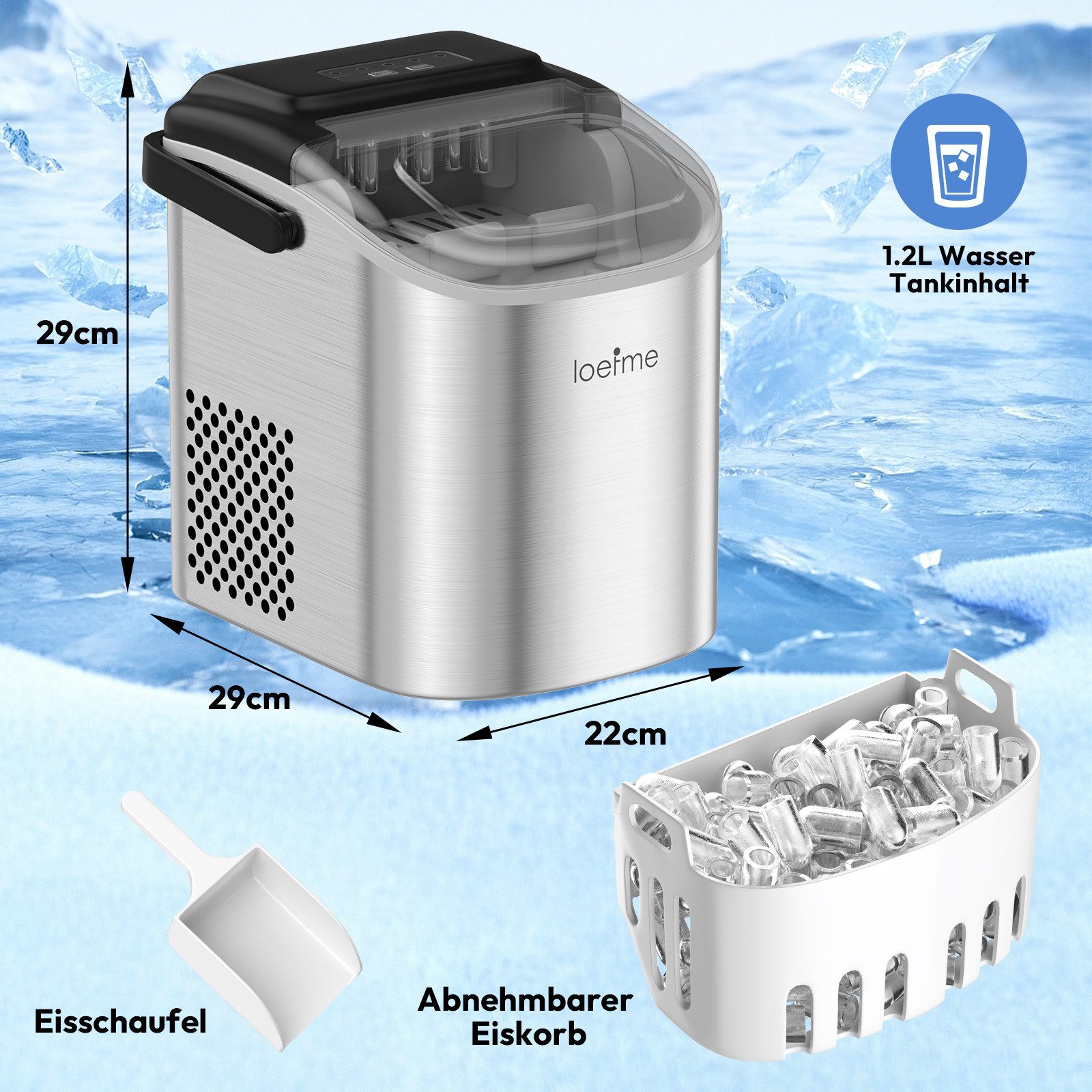Eiswürfelmaschine 9 Eiswürfel in 6 Minuten, Eismaschine Tragbar, 12kg/Tag, ≤ 43 dB