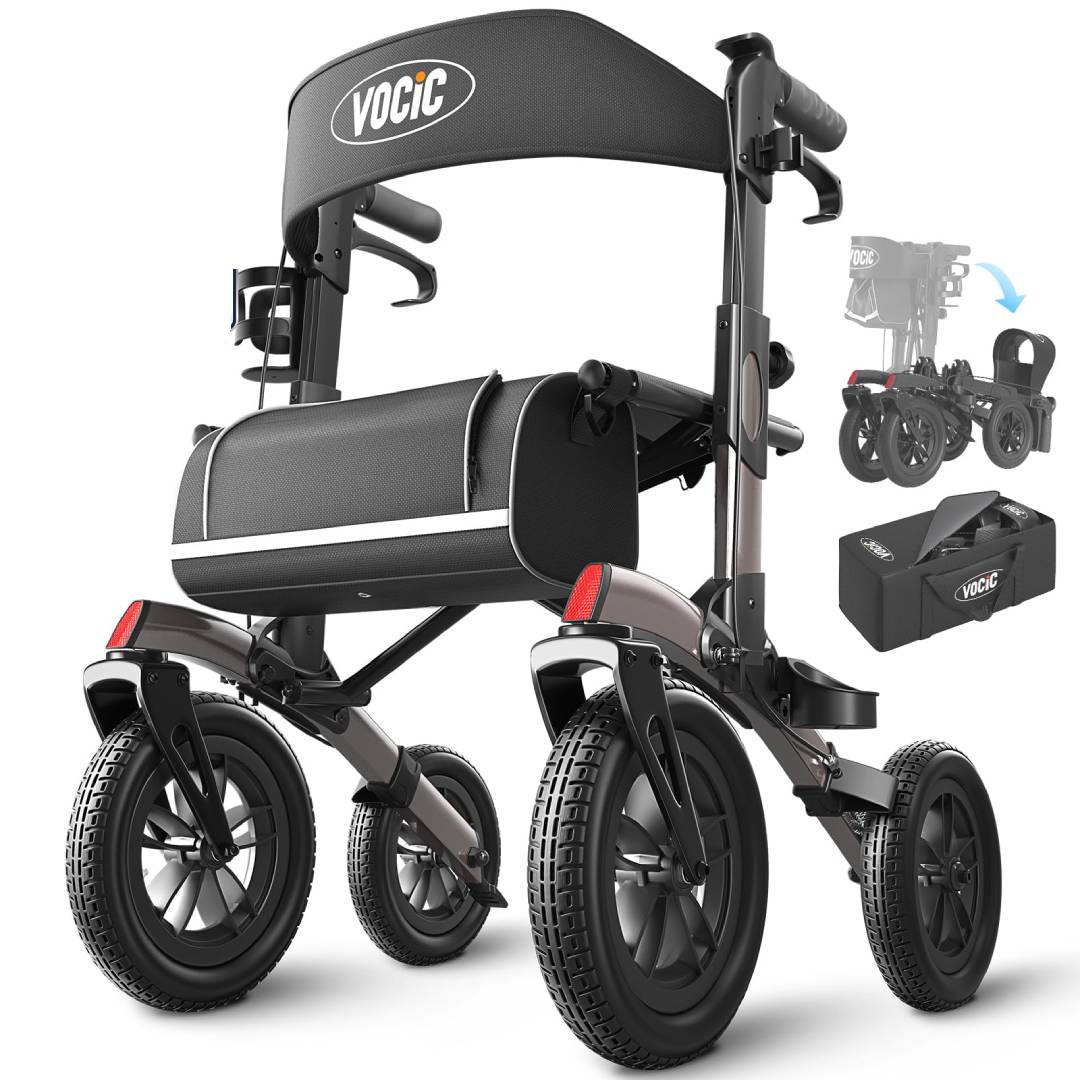 Leichter faltbarer Rollator mit Sitz und pannensicheren Gummi-Nonluftreifen, höhenverstellbar von 87 bis 102 cm, Aluminium, grau