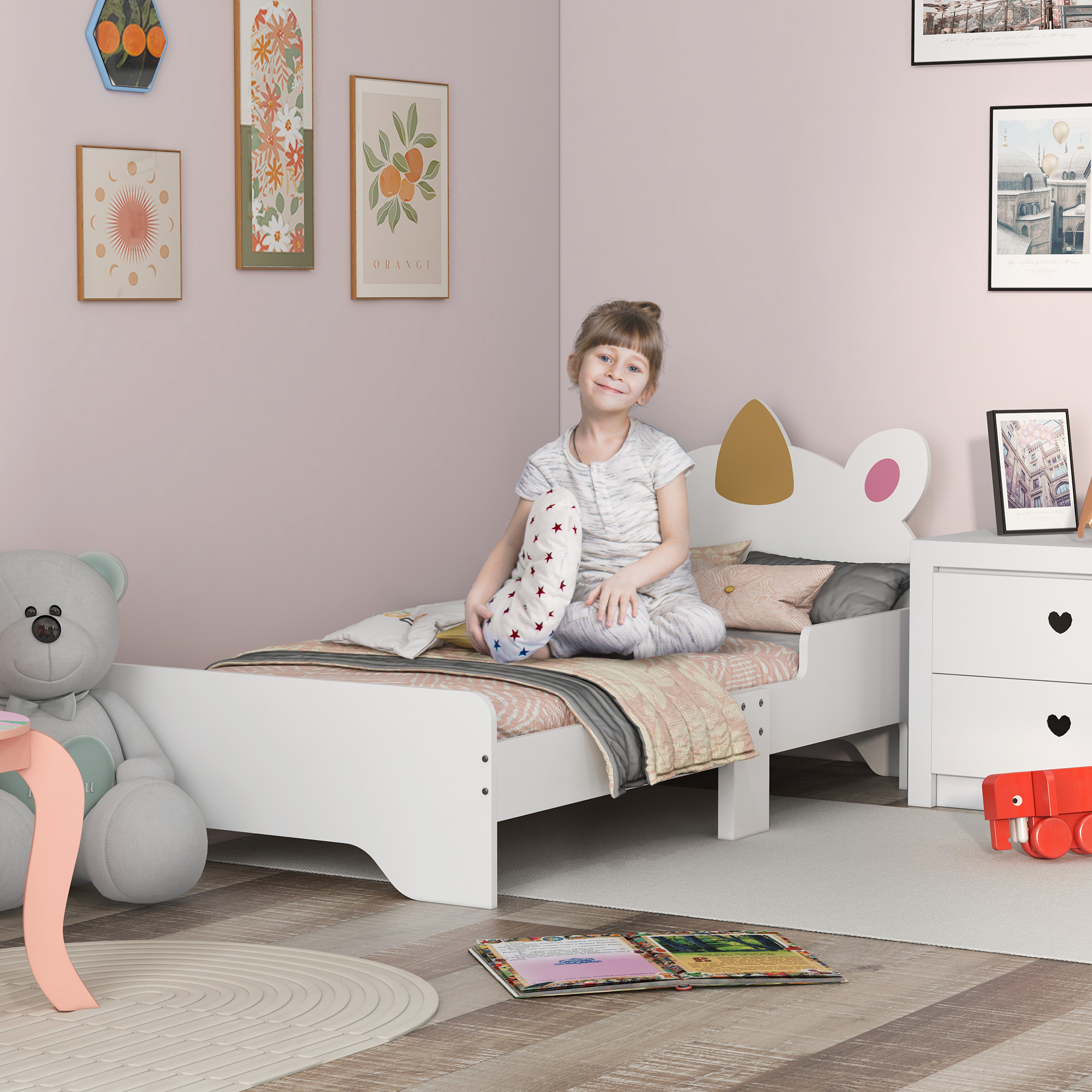 ZONEKIZ Kinderbett Kinderbett Einhorn-Design 3 bis 6 Jahre inkl. Lattenrost Tragkraft 80 kg 143 x 74 x 67 cm Rosa