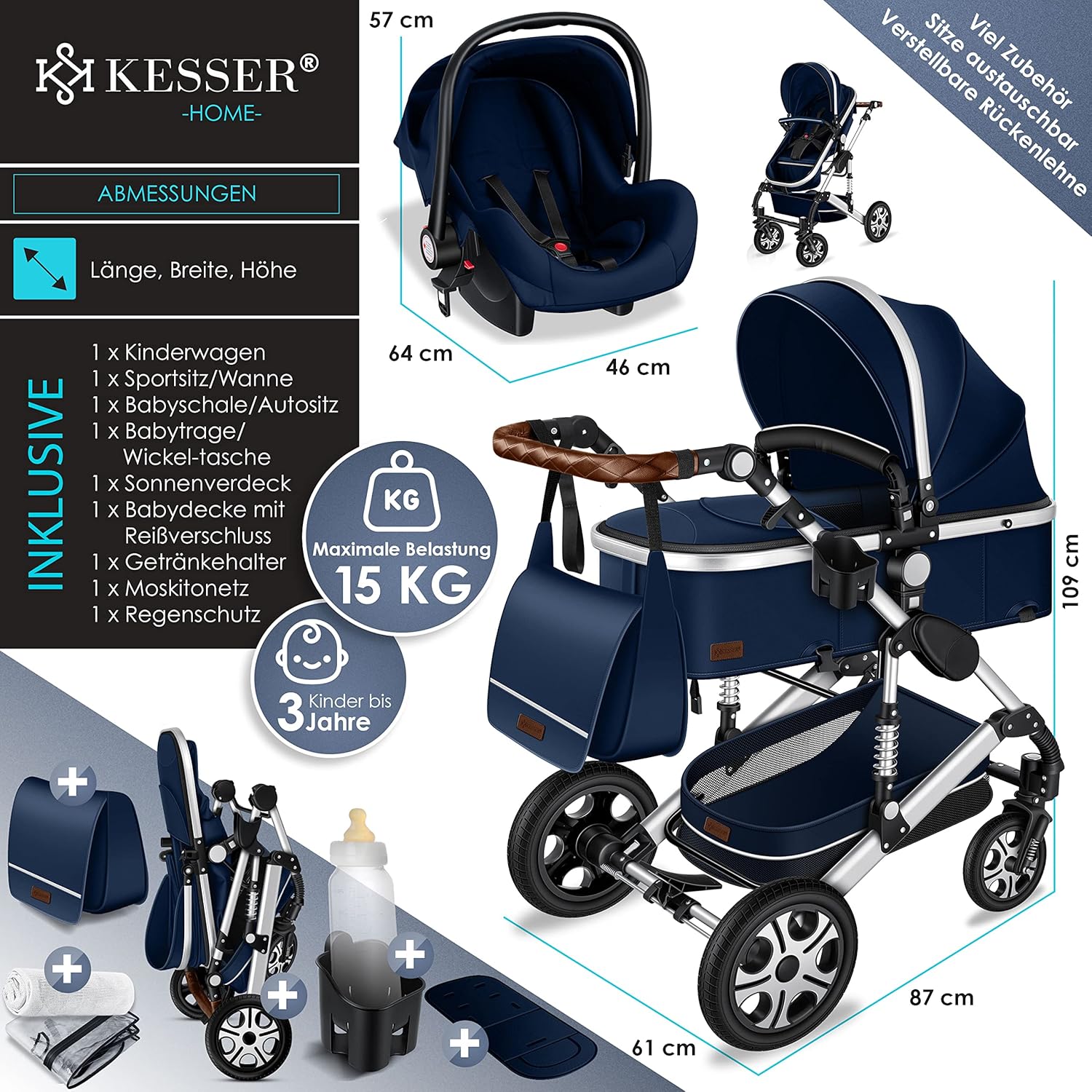 KESSER® Loops 3 in 1 Kinderwagen Kombikinderwagen Komplett-Set inkl. Babywanne & Buggy Sportsitz & Auto-Babyschale Voll-Gummireifen Wickeltasche Regenschutz Kindertisch ECE R129, Schwarz/Schwarz
