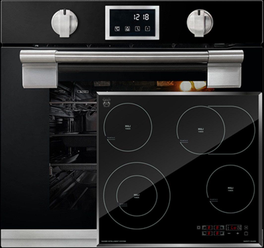 Backofen-Set Herd Set Autark Einbau Backofen, Pyrolyse Backofen, 11 Funktionen, 60 cm mit High Light Glaskeramik Kochfeld 60cm Schwarz glas Facettenschliff-Kanten EH 6338 s+KCT 6115 F