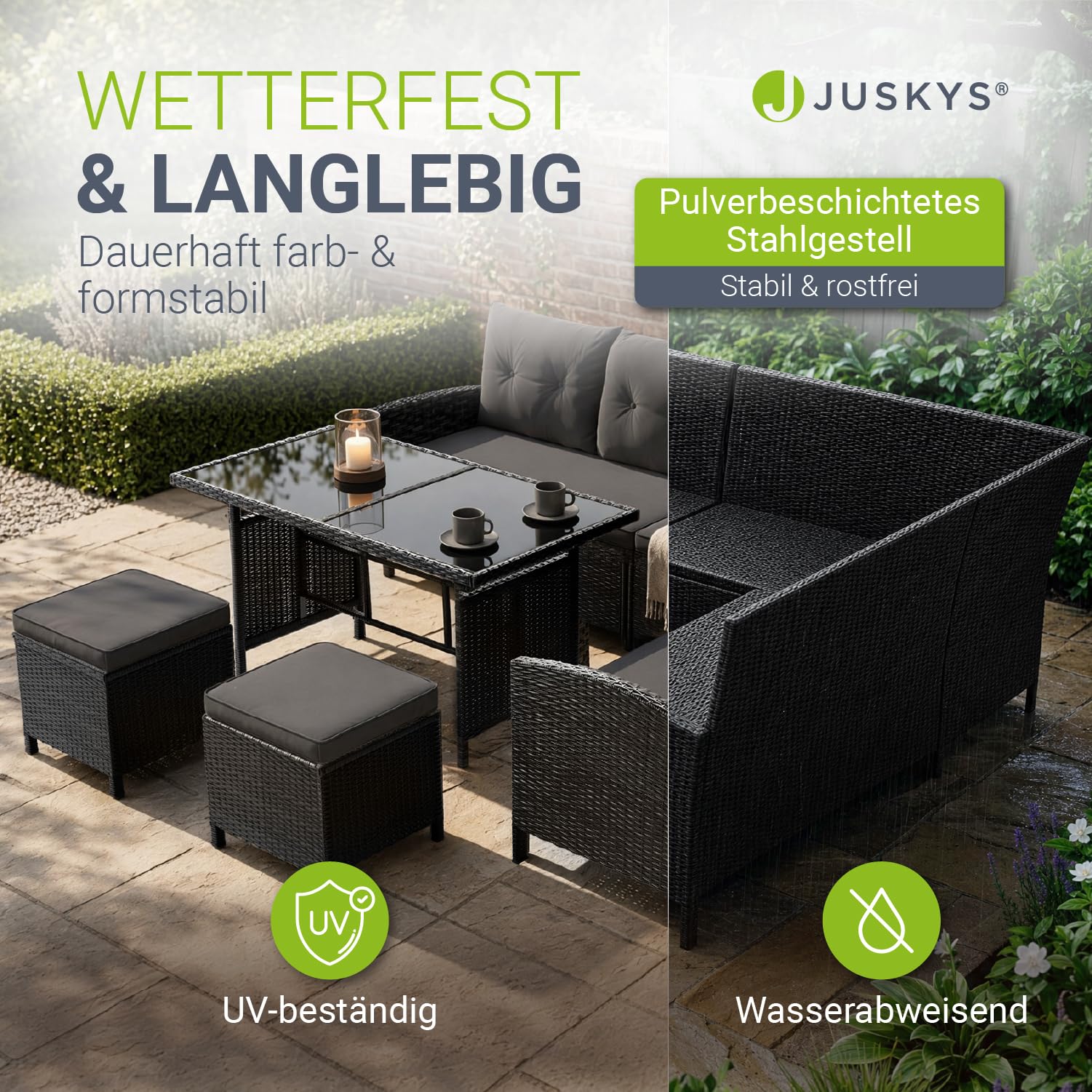 Polyrattan Lounge Manacor Ecksofa Esstisch 2 Hocker wetterfest bis 7 Personen Bezüge waschbar Schwarz Grau