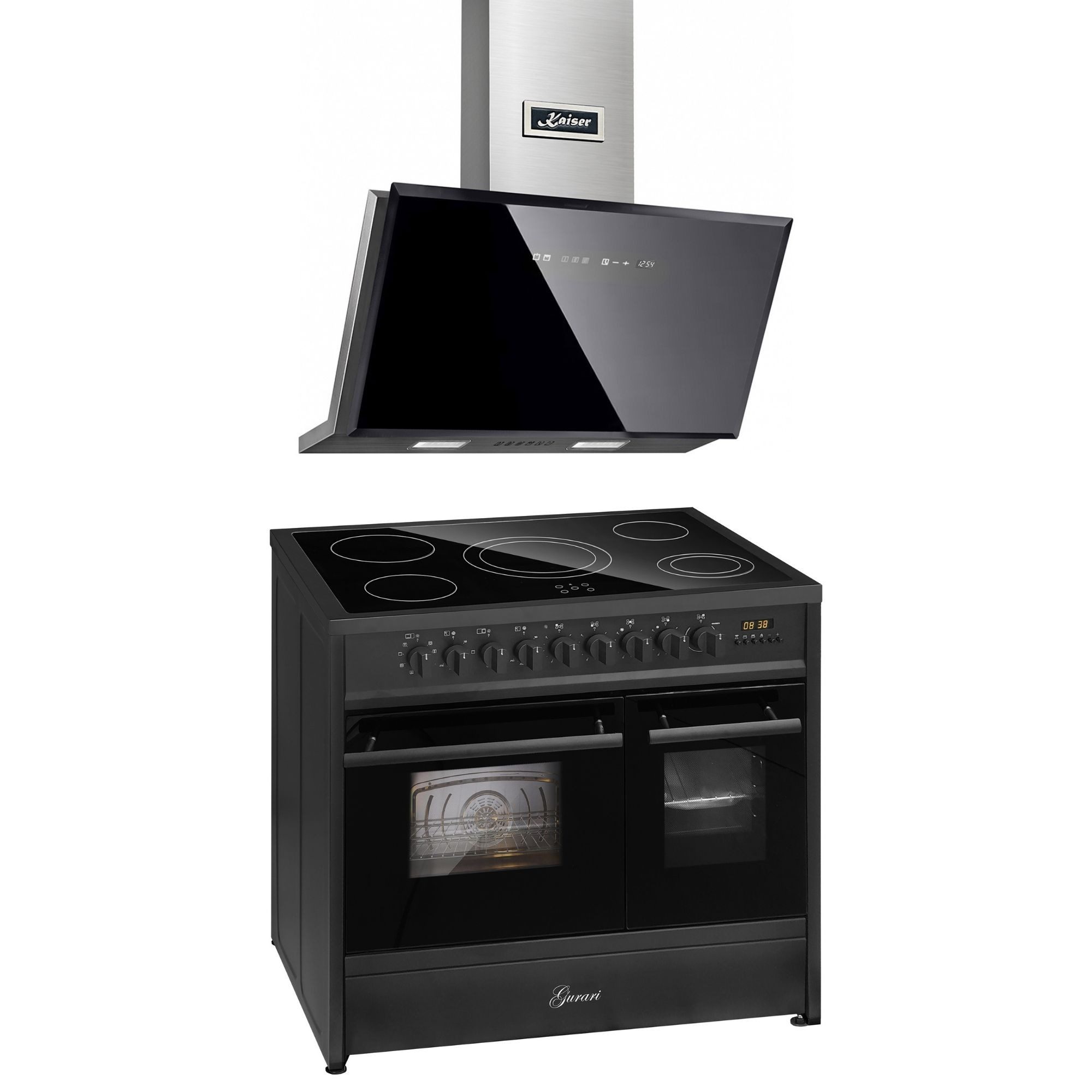 Elektro-Herd-Set Elektro Standherd 90 cm, Doppelbackofen, Schwarz, Range Coocker 90 cm+Luxus Dunstabzugshaube 90cm,TouchControl, Schwarz Glas,1250m³/h GCH E 912 DF BL+AT 9430 F ECO.