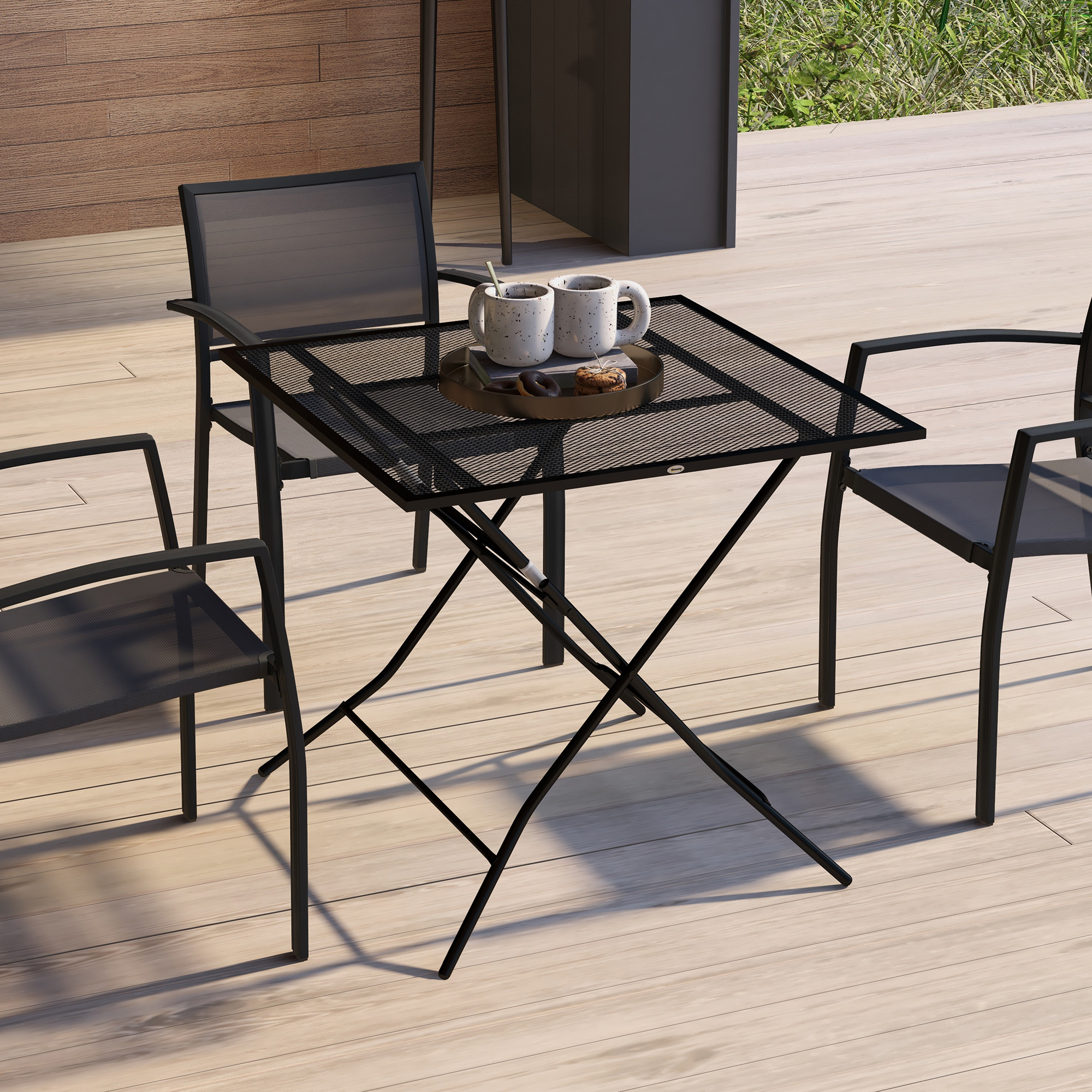 Outsunny Terrassentisch mit Gitter-Tischplatte, quadratisch, klappbar, rostfreier Stahl, 80x80x74cm, Schwarz