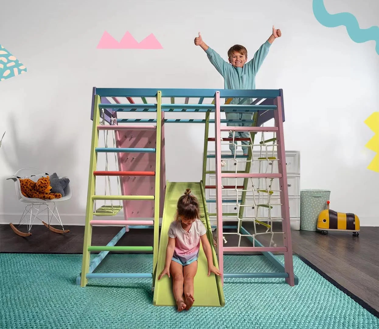 Avenlur Magnolia Indoor Playground 6 in 1 Jungle Gym Montessori Waldorf Style Wooden Climber Playset Slide, Rock Climbing Wall, Rope Wall Climber, Monkey Bars, Swing for Toddlers, Children Kids 2 8yrs