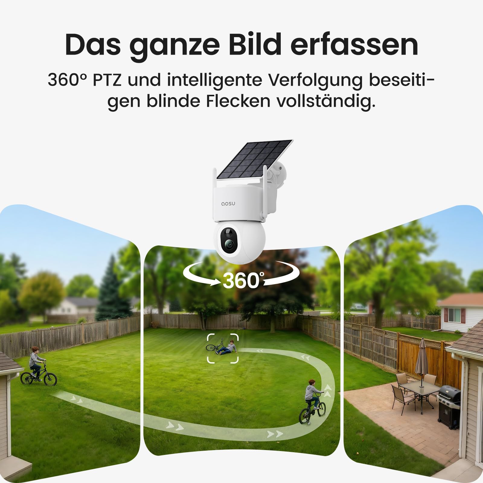 Überwachungskamera Außen 4K Solar Akku 360° PTZ mit Farb-Nachtsicht und KI-Erkennung