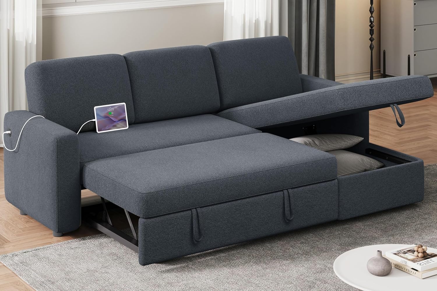 L Shaped Sectional Sofa Sleeper with Pull Out Bed Storage Chaise and USB