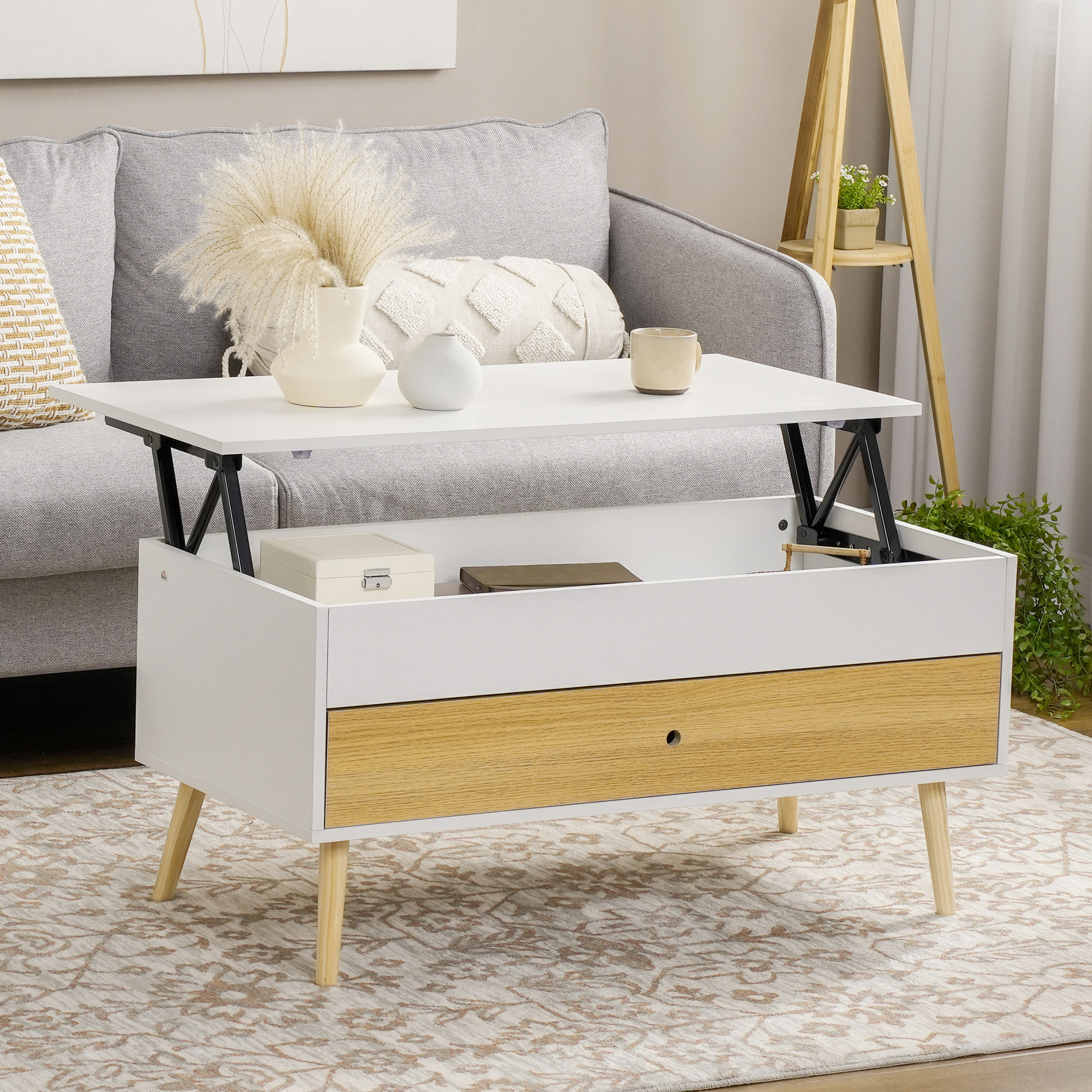 HOMCOM Rechteckiger Couchtisch mit klappbarem Tablett 1 Schublade und Truhe aus Holz dim. 100L x 50B x 49H cm helles Holz und Weiß