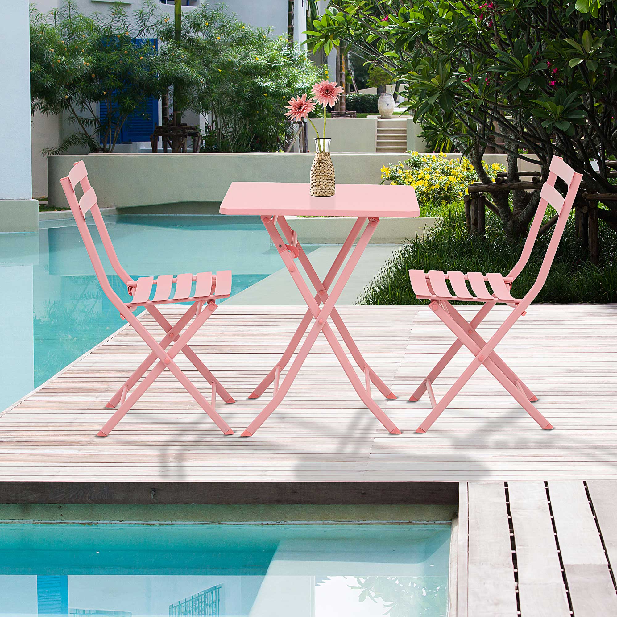 Outsunny Klappbares Bistro-Gartenmöbel-Set - quadratischer Tisch 60L x 60B x 71H cm mit 2 Stühlen - Pulverbeschichtetes Metall in Rosa