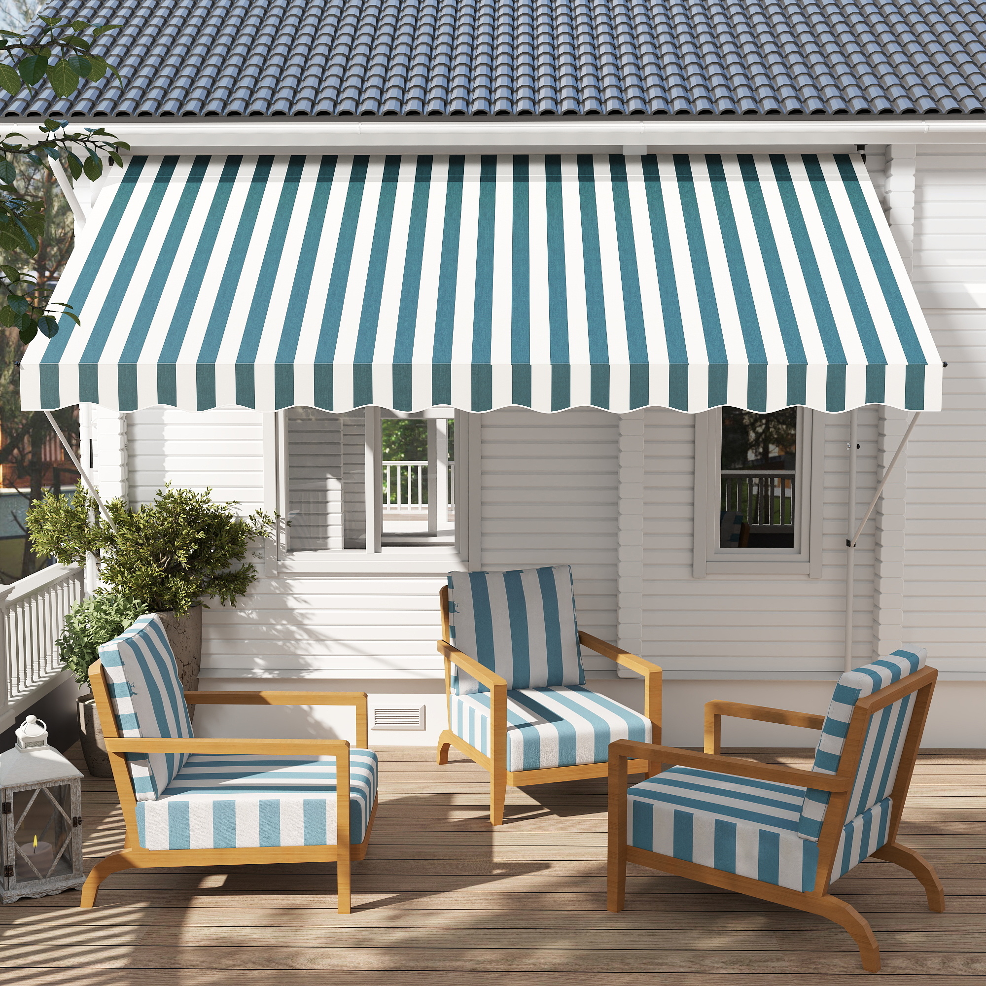 Outsunny Klemmarmmarkise mit Faltarm Höhenverstellbar Wetterbeständig 300 cm × 150 cm x 280 cm blau + weiß