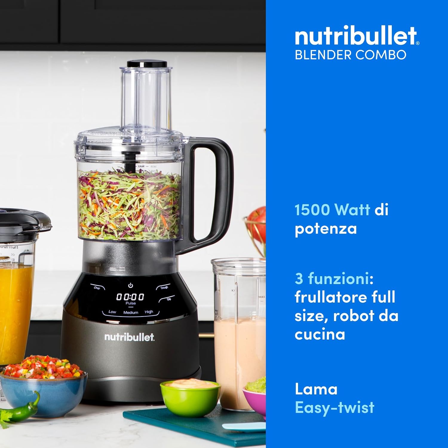 nutribullet Triple Prep, Robot da cucina, Frullatore Multifunzione, Potenza 1500W, Caraffa 1.8l, Ciotola robot da 1,6l, disco per affettare e sminuzzare, lama per impastare e tritare, nero, NBF580B
