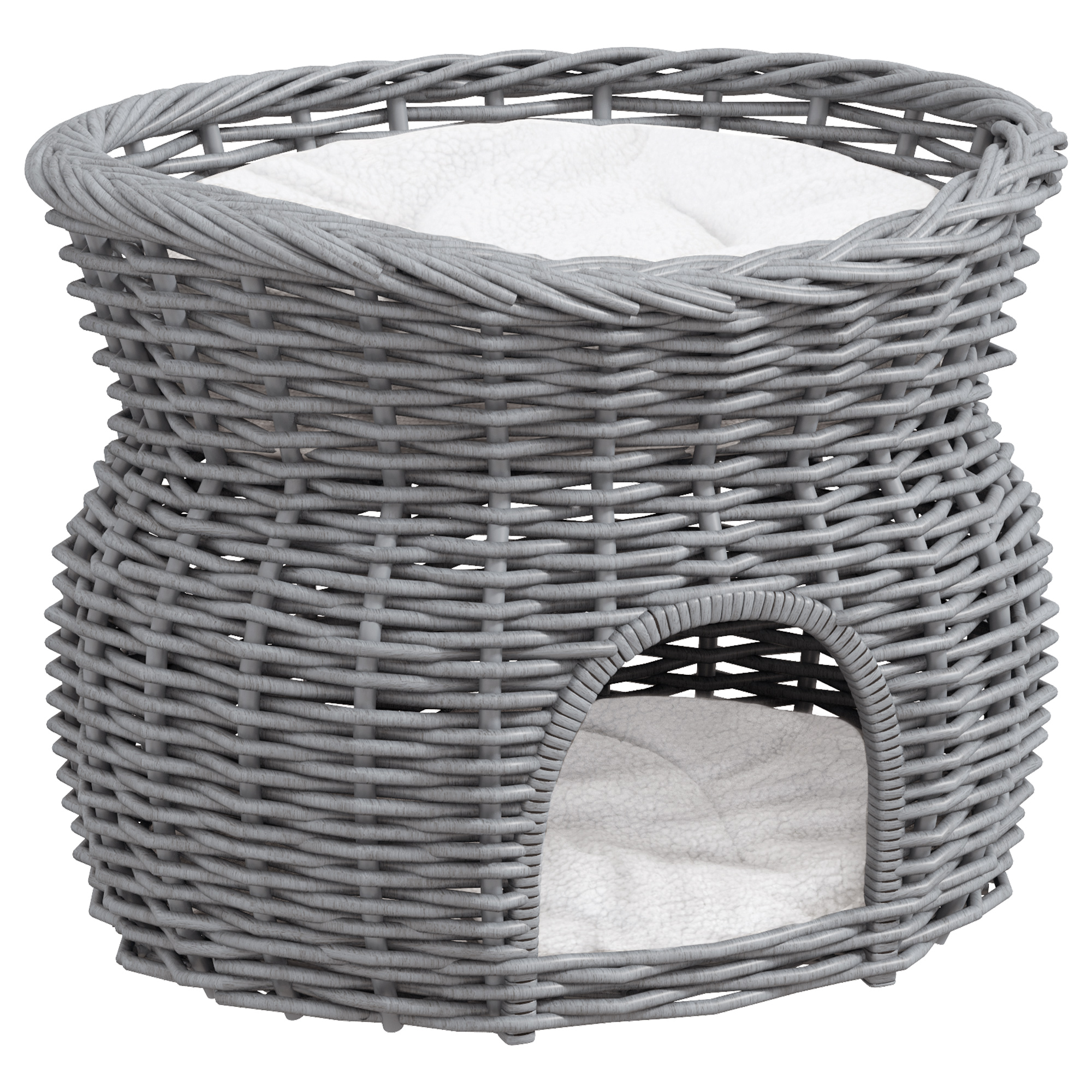 PawHut Rattan Weidenkorb für Katzen Katzenhütte mit 2 weichen Liegekissen Katzenkorb Haustierbett aus Wasserhyazinthe für Wohnzimmer Grau 56 x 37 x 40 cm