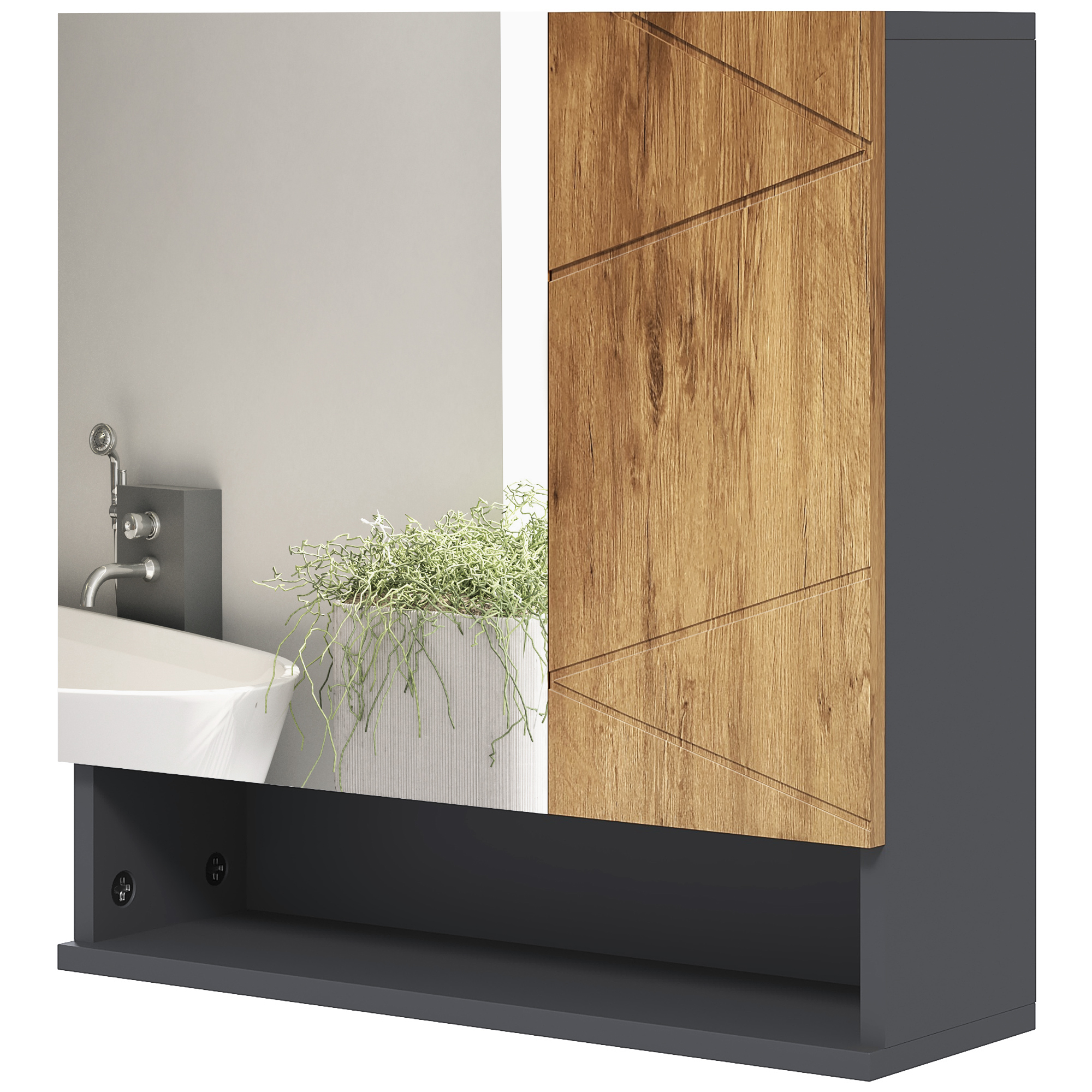 kleankin Wandmontierter Badezimmerspiegelschrank mit Stauraum 2 Türen 55 x 17 x 55 cm Natur Dunkelgrau