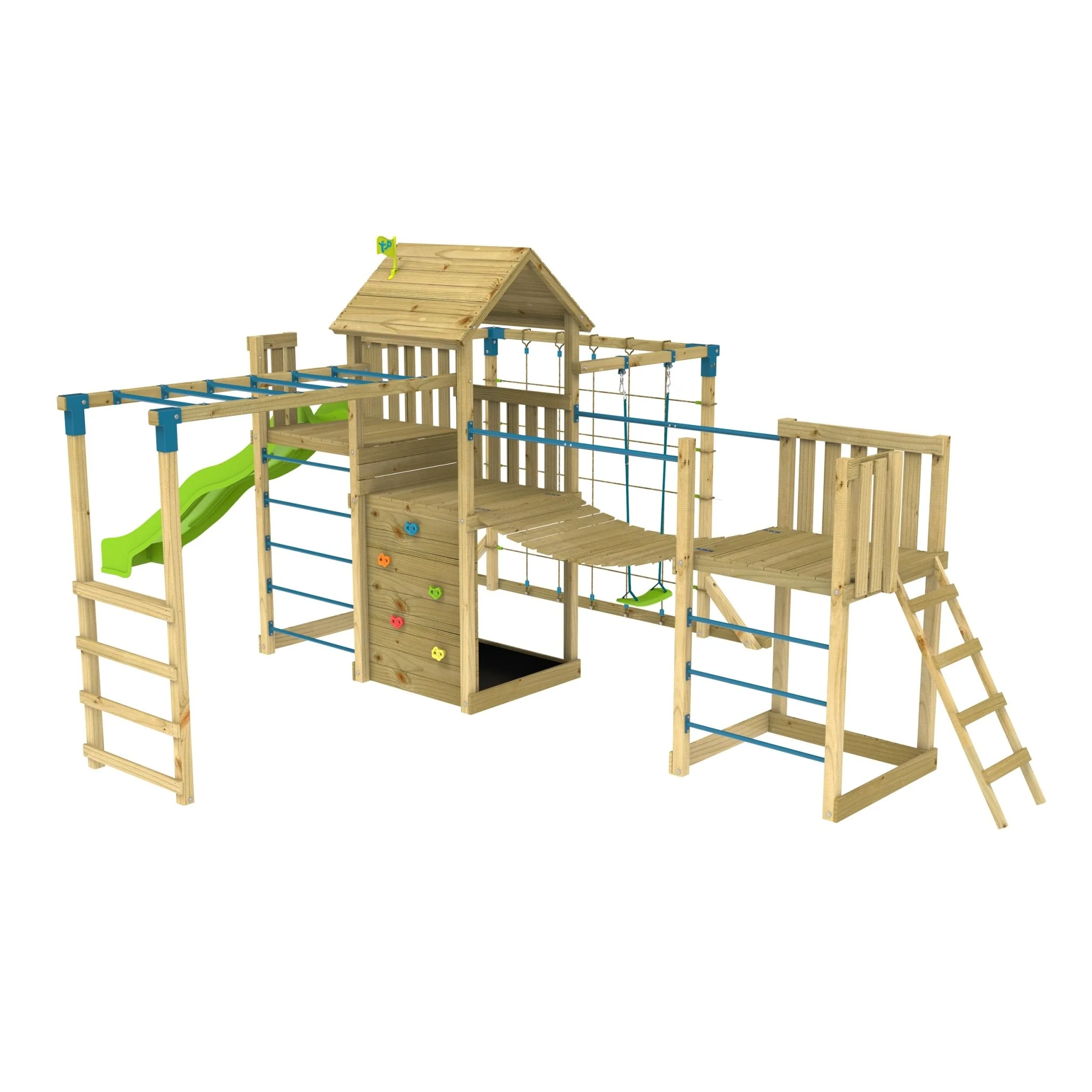 TP Skywood Klimtoren van Hout met Super Wave Glijbaan, Sky Deck, Aap Bars, Skyline met Rapide Schommelstoel en Extra Speeltoren - FSC? Gecertificeerd