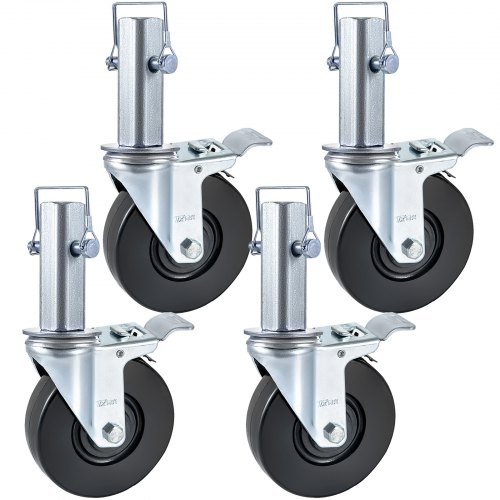 VEVOR Lenkrollen aus Polyurethan, Eisenkern 12,7 cm, Lenkstangenrollen mit Doppelfeststellbremse, Stellfüße, Tragkraft 200 kg pro Rad Industrierollen Schwerlastrollen Transportrollen