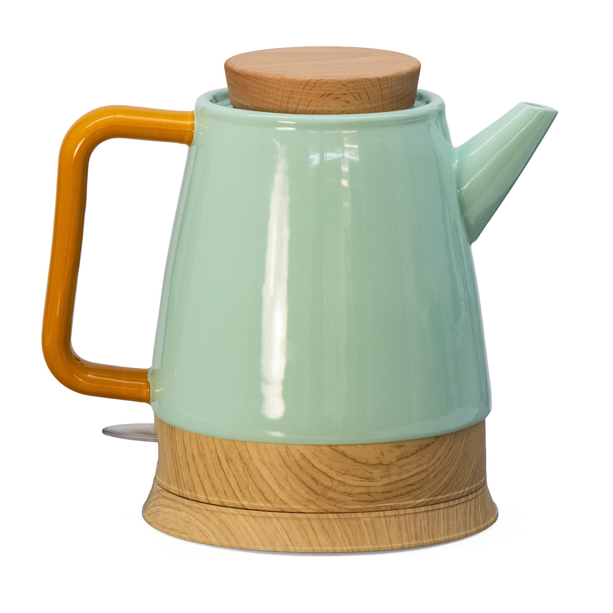 Wasserkocher Keramik-Wasserkocher 1,5 l mint/holz mit Holzdeckel, Grün/Mint