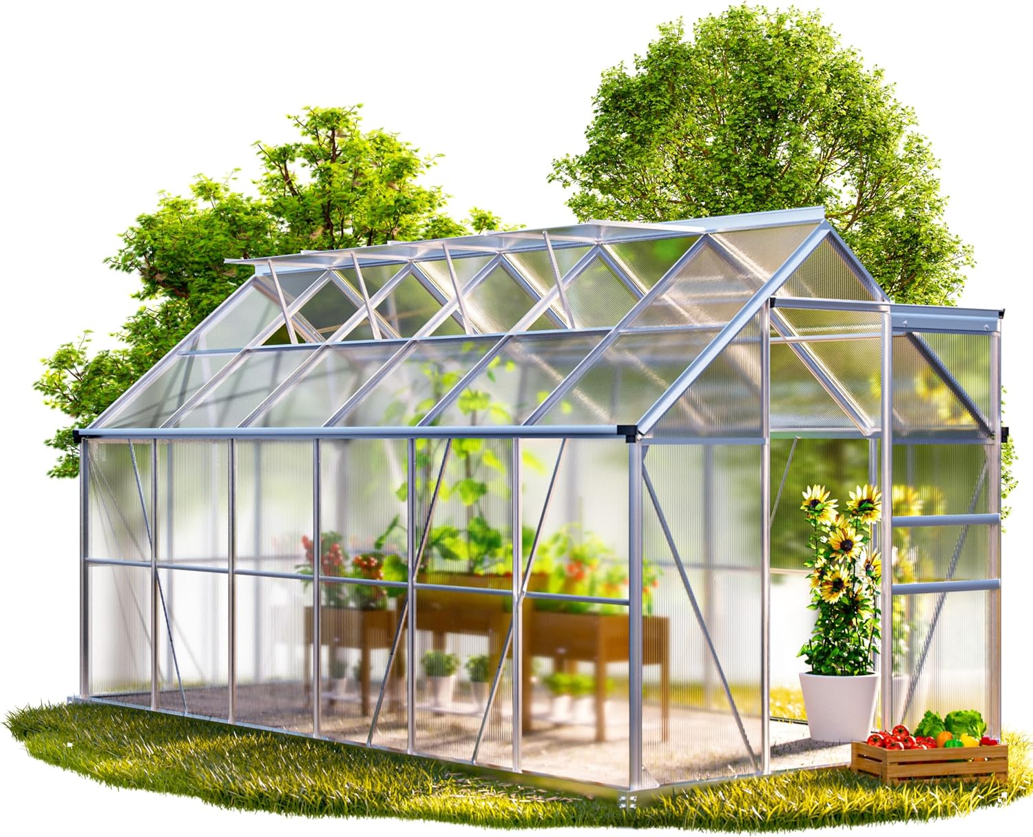 GARDEBRUK Gewächshaus Aluminium 7,2m² mit Fundament 380x190cm inkl. 4 Dachfenster Tomatenhaus Treibhaus Anzuchthaus Garten Frühbeet Aufzucht 11,8m³