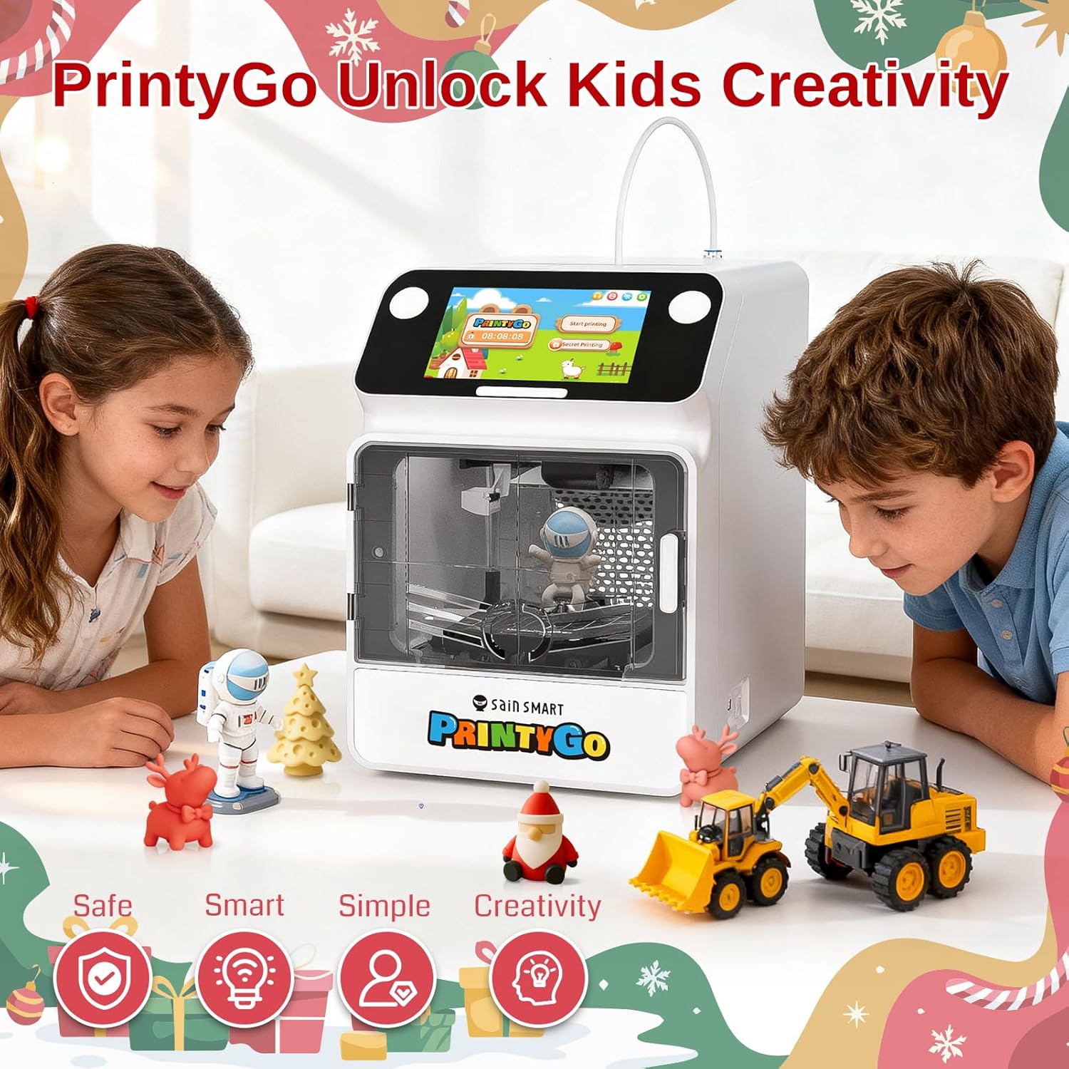 Stampante 3D PrintyGo Mini per bambini, stampante autolivellante da 600 mm/s per principianti con touch screen da 5