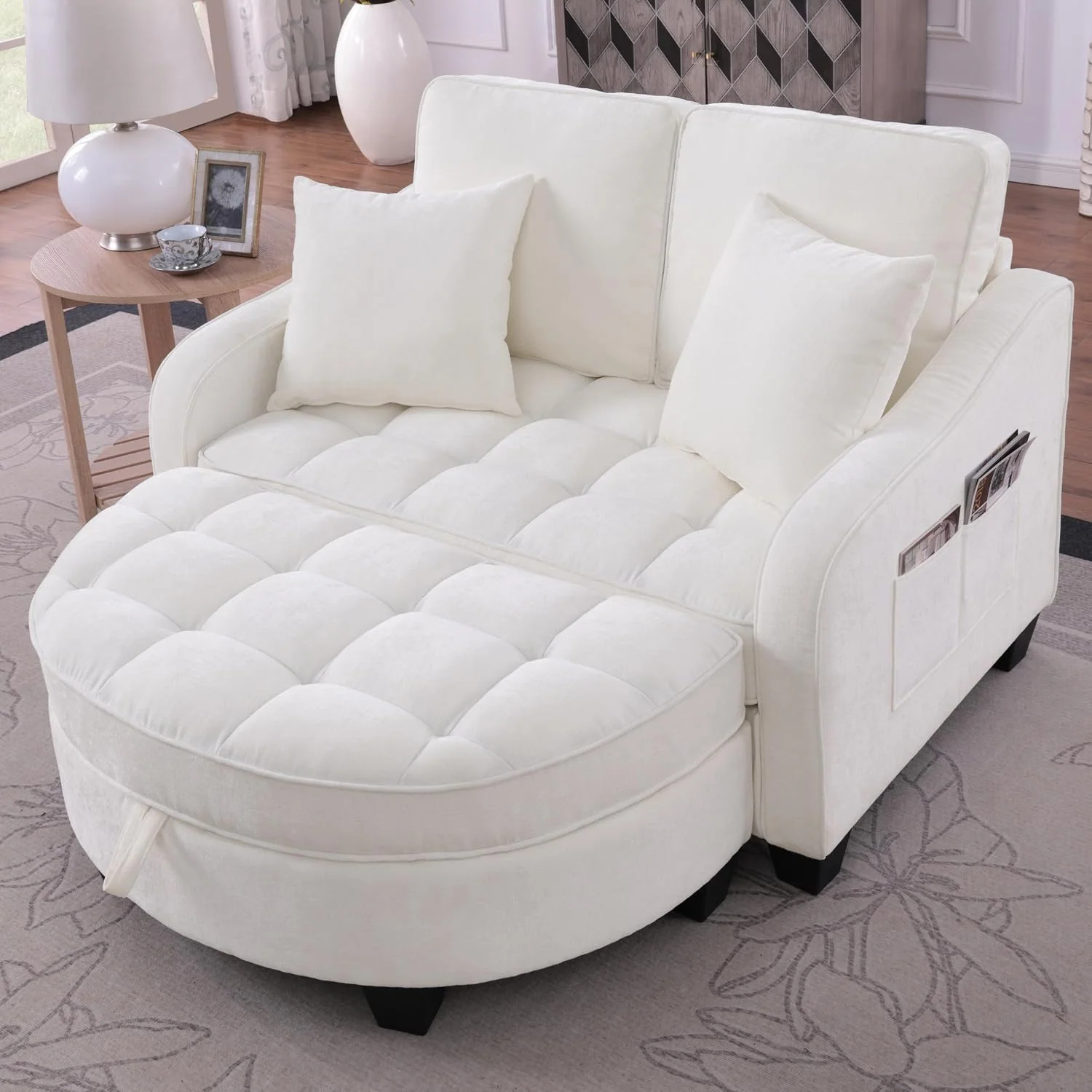 2-in-1 Schlafsofa Gästebett mit Hocker & Stauraum, multifunktionaler Klappsofa-Bett aus atmungsaktivem Stoff und Eukalyptusholz, Schlafzimmer