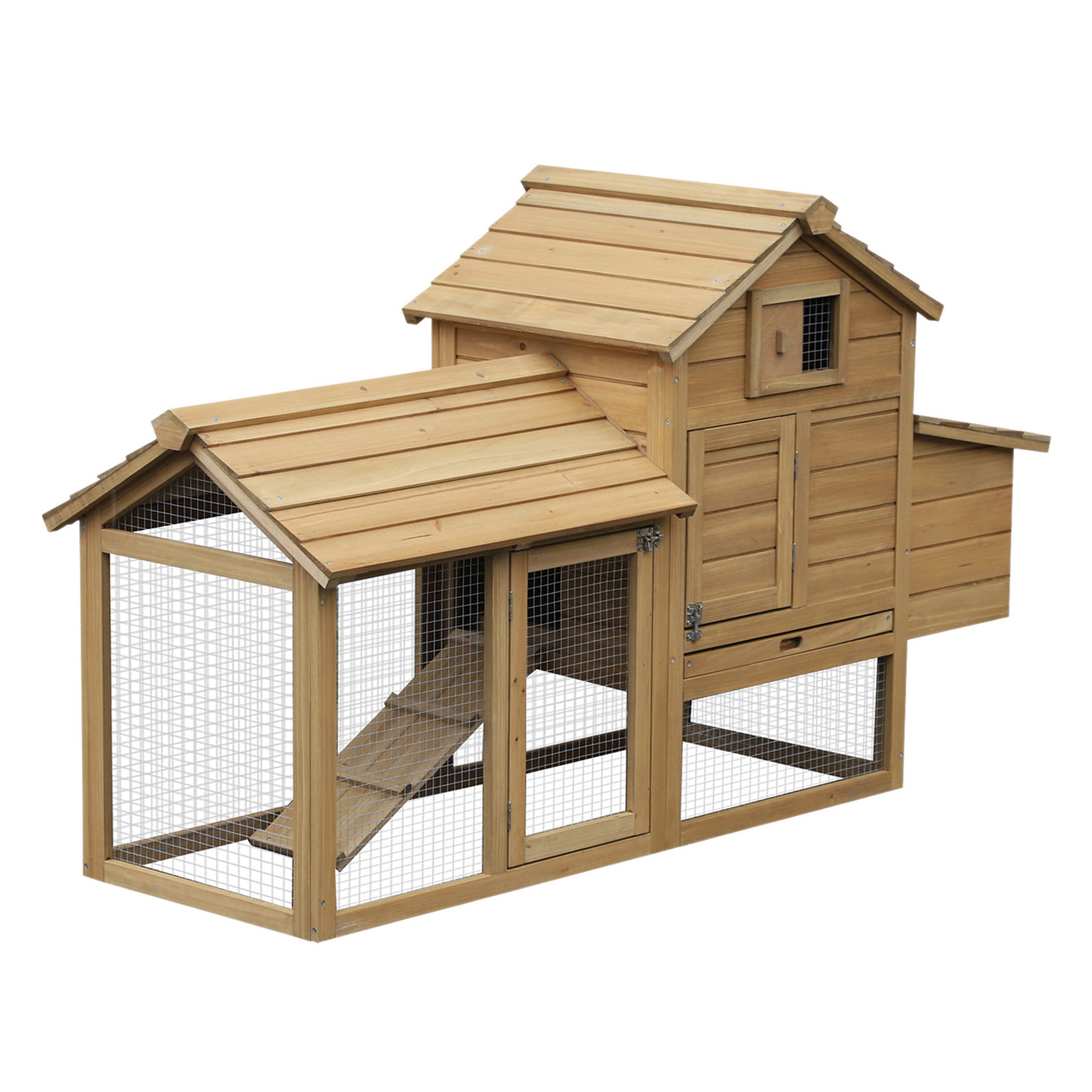 PawHut Zwerghühnerstall Zwerghühnerhaus mit Nistkasten Zwerghühnervoliere Auslauf Geflügelstall mit Rampe Tannenholz Natur 150,5 x 54 x 87 cm